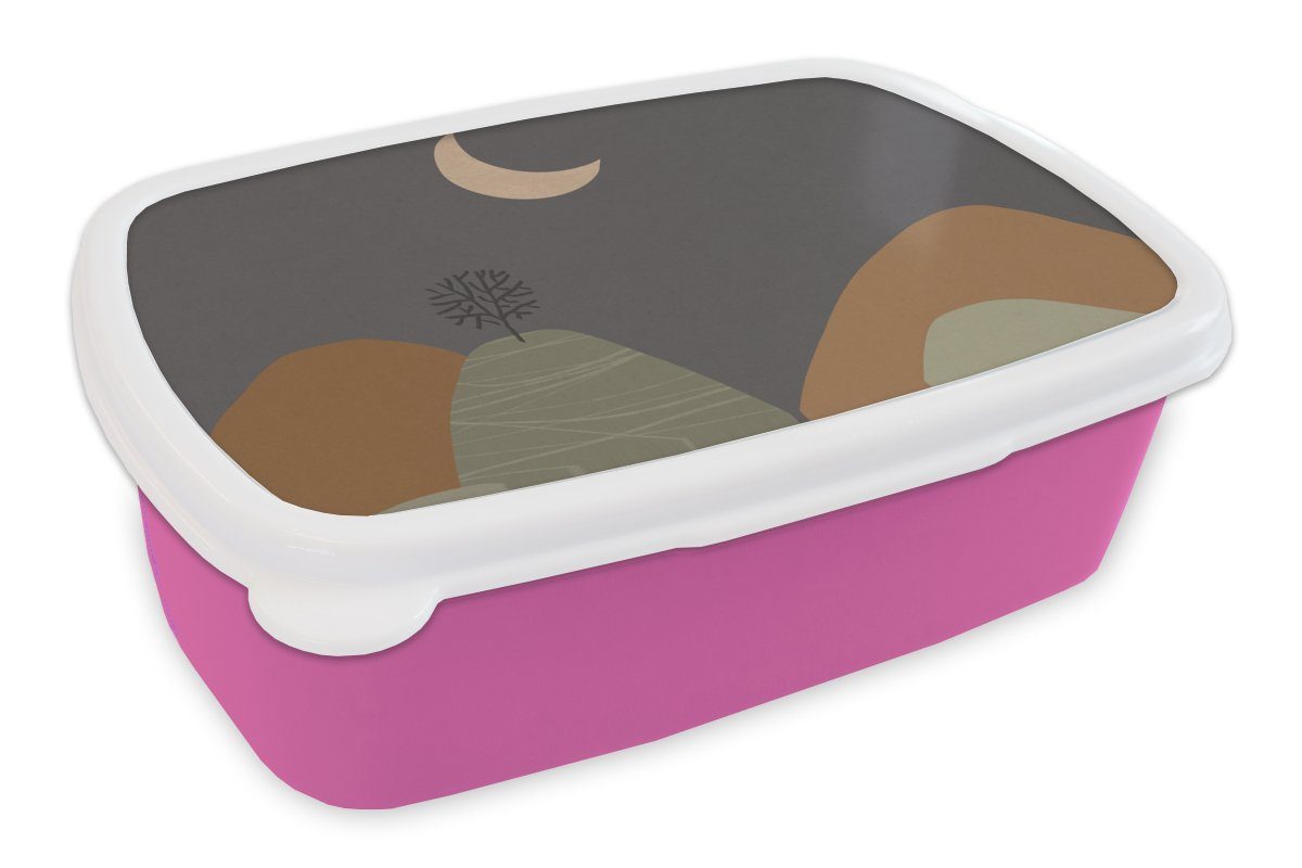 MuchoWow Lunchbox Berg - Baum - Mond - Pastell, Kunststoff, (2-tlg), Brotbox für Erwachsene, Brotdose Kinder, Snackbox, Mädchen, Kunststoff rosa