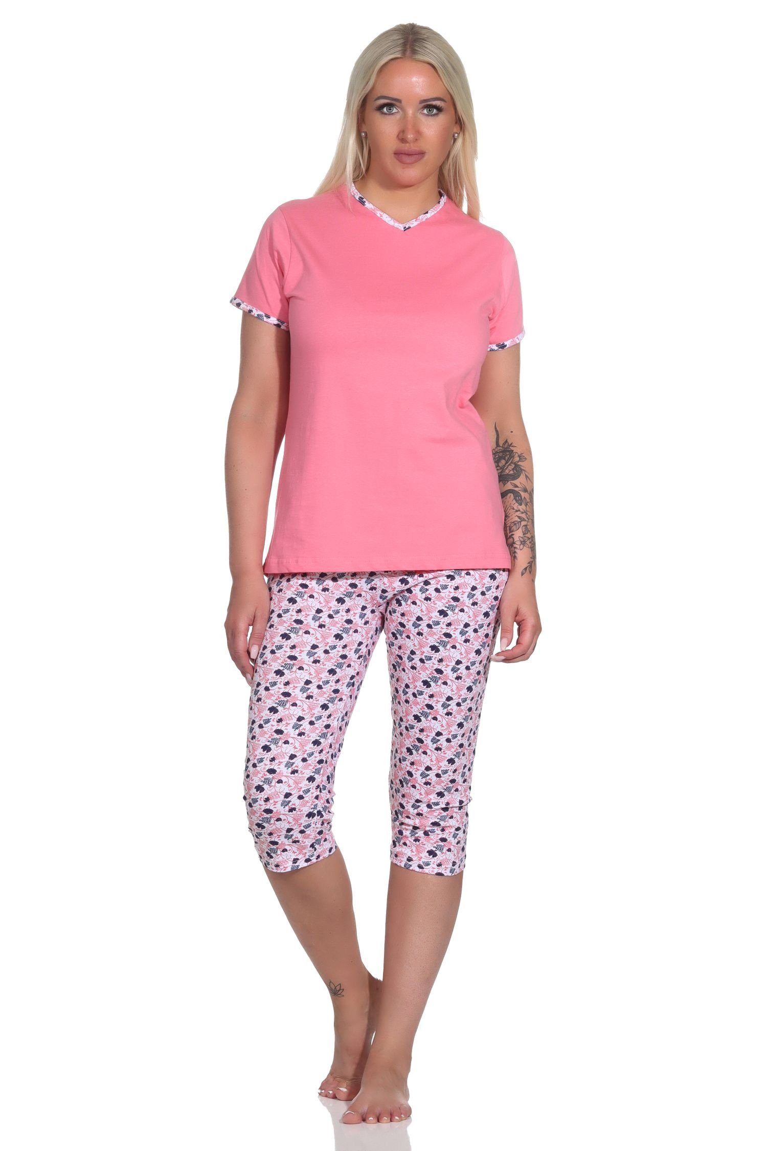 Normann Pyjama Floraler Damen Capri Pyjama, kurzer Schlafanzug mit / Caprihose pink
