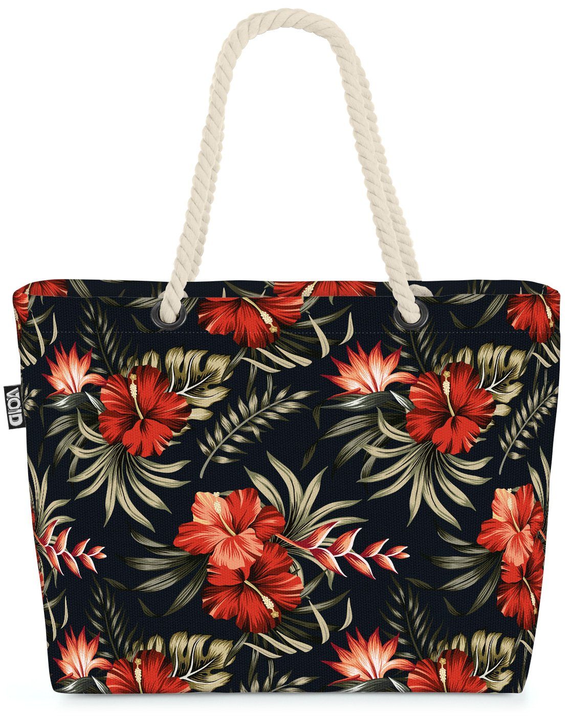 VOID Strandtasche (1-tlg), Rote Vintage Tropenblüten Beach Bag Ur-Wald Reise Hawaii Hibiskus Blumen-Muster