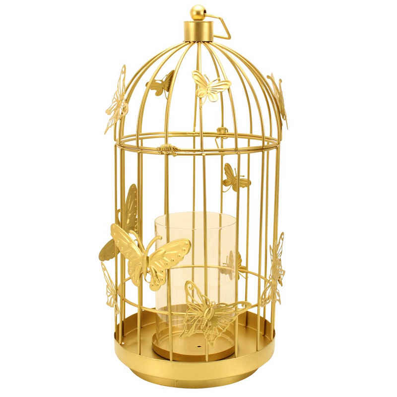 Online-Fuchs Windlicht Kerzenständer im goldenen Vogelkäfig mit Schmetterlingen verziert - (43 cm groß -, Kerzenhalter in Gold), Deko für Frühling und Sommer