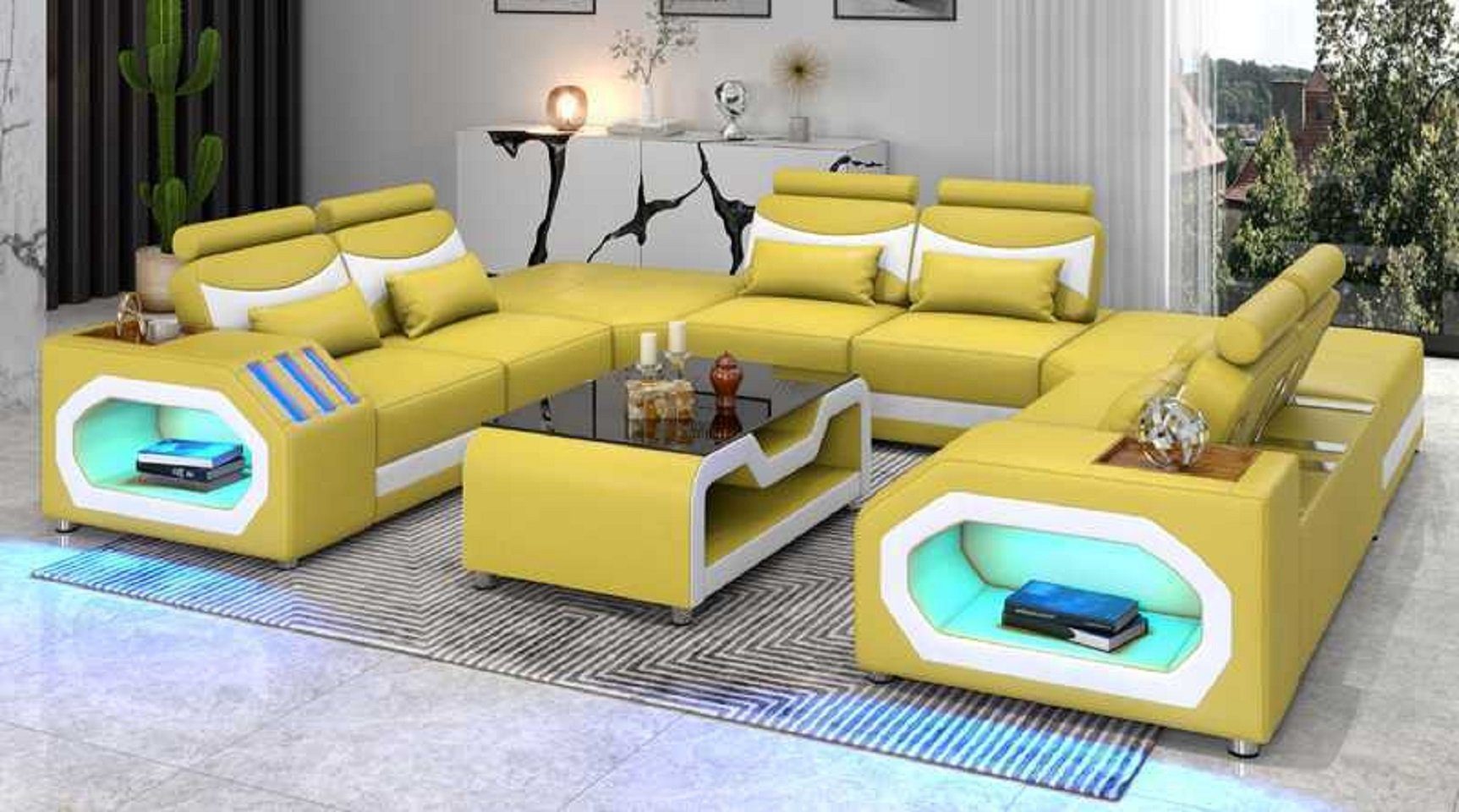 JVmoebel Ecksofa Design Großes Sofa XXL U Form Modern Ecksofa LED, 5 Teile, Made in Europe Gelb