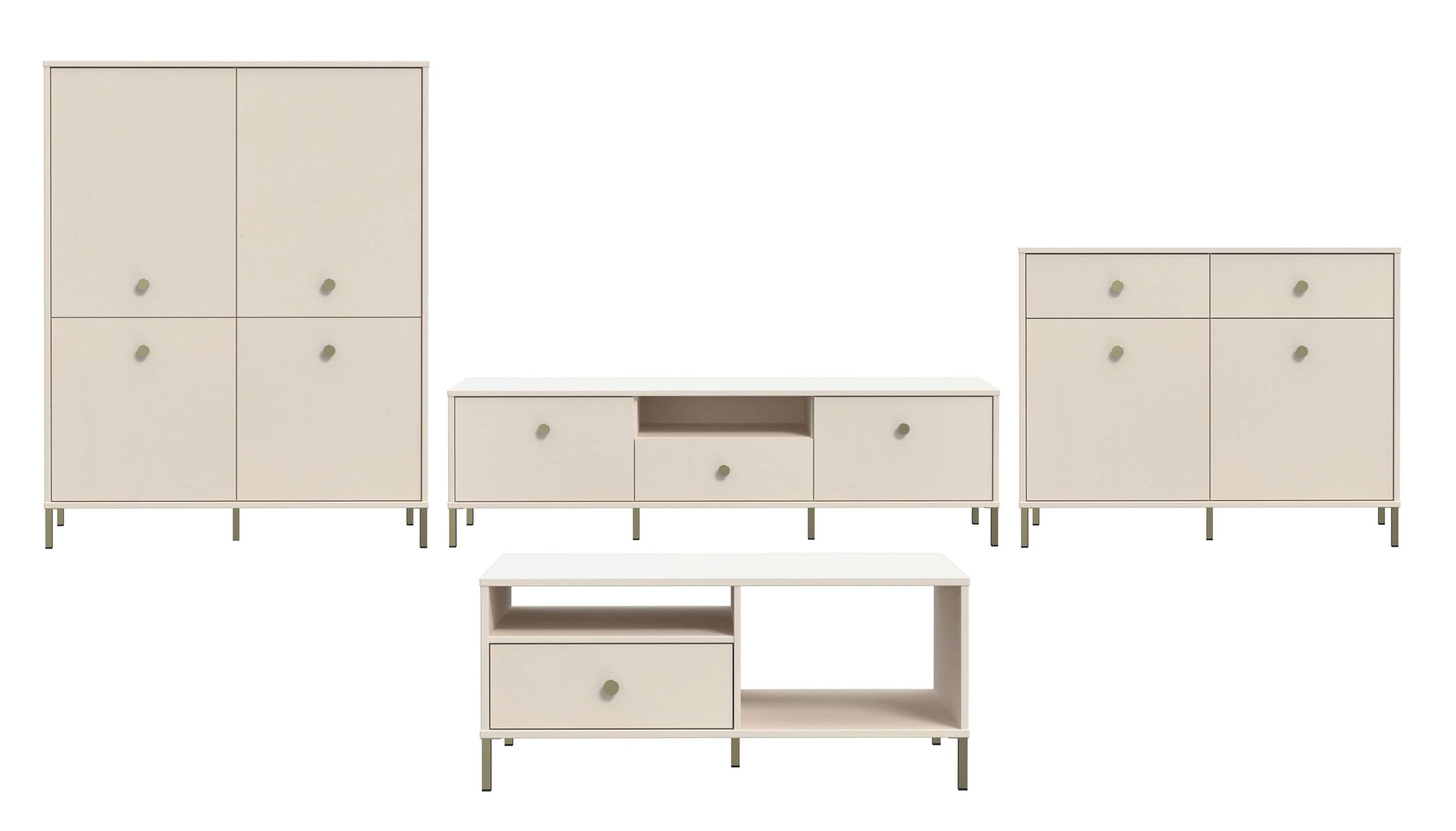 99rooms Wohnwand Patricio, (Wohnmöbel, Wohnzimmer-Set (4×St), bestehend aus Kommode, TV-Lowboard, Highboard, Couchtisch
