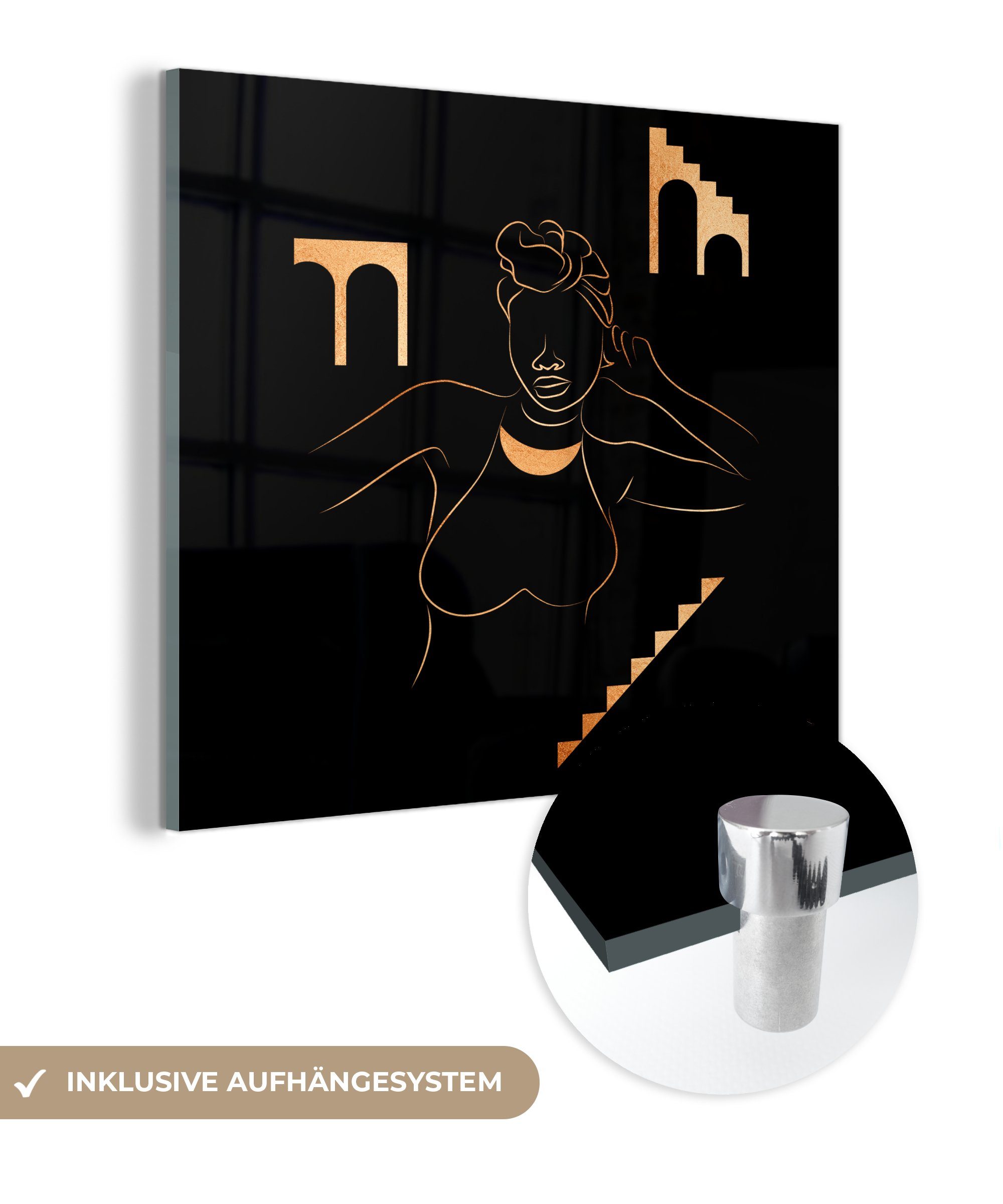 MuchoWow Acrylglasbild Frau - Gold - Strichzeichnung, (1 St), Glasbilder - Bilder auf Glas Wandbild - Foto auf Glas - Wanddekoration | Bilder