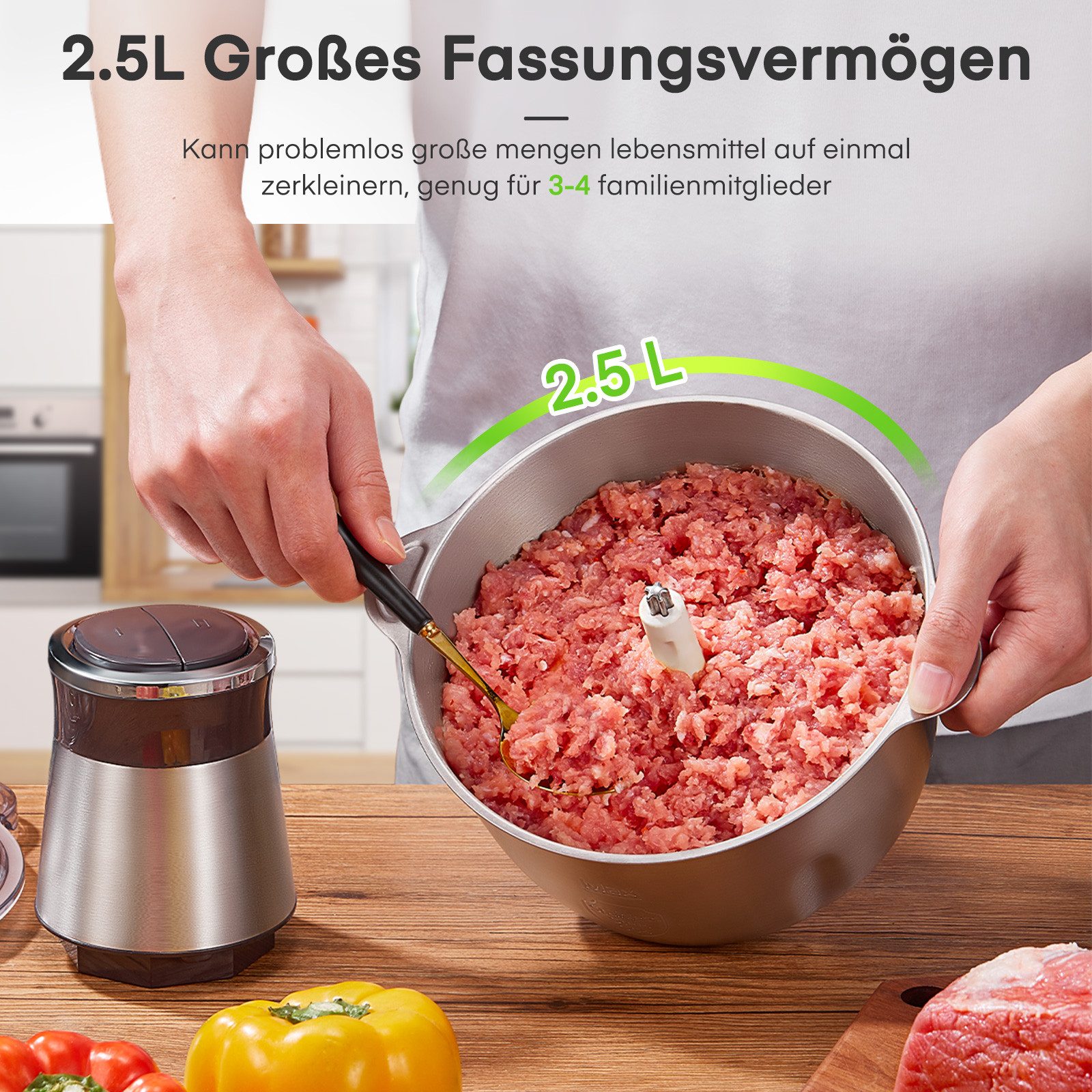 FOHERE Zerkleinerer Elektrischer Multizerkleinerer, 2 Geschwindigkeiten für Fleisch/Gemüse, 350 W, ldeal für Babybrei, Nüsse & Saucen – Leicht zu reinigen