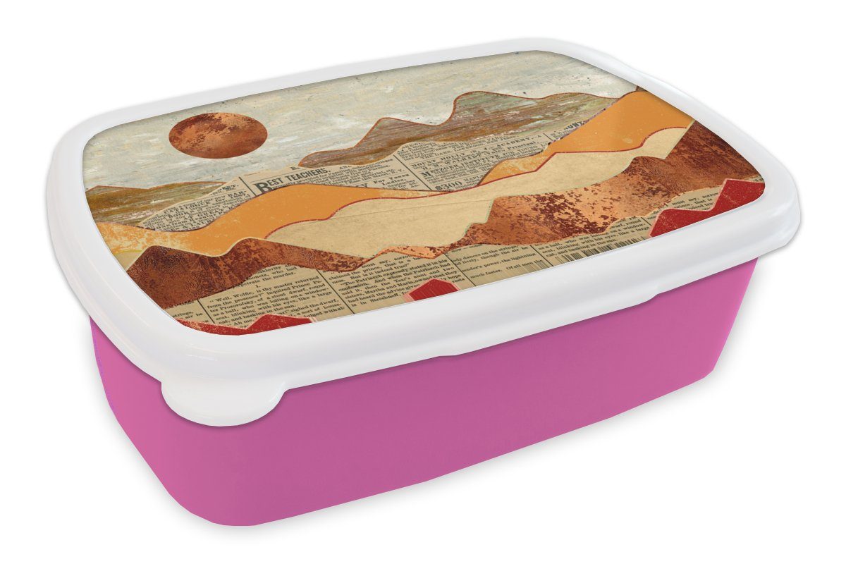Brotdose MuchoWow für - Mädchen, Snackbox, - Brotbox Abstrakt Landschaft Lunchbox Erwachsene, Farben, Zeitung - - (2-tlg), Vintage rosa - Kunststoff, Bronze Kinder, Kunststoff
