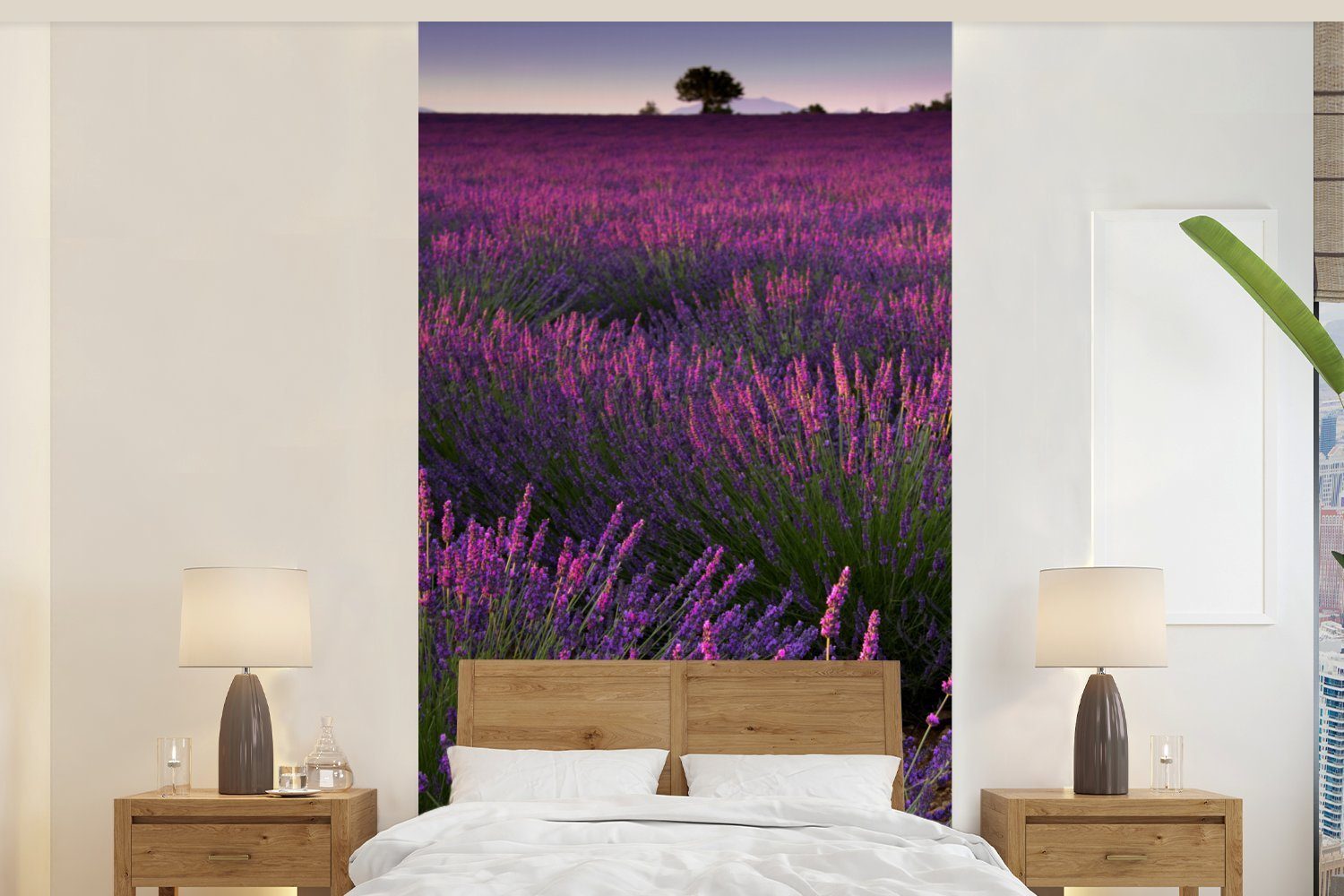 MuchoWow Fototapete Lila Lavendelblüten auf einem Feld, Matt, bedruckt, (2 St), Vliestapete für Wohnzimmer Schlafzimmer Küche, Fototapete