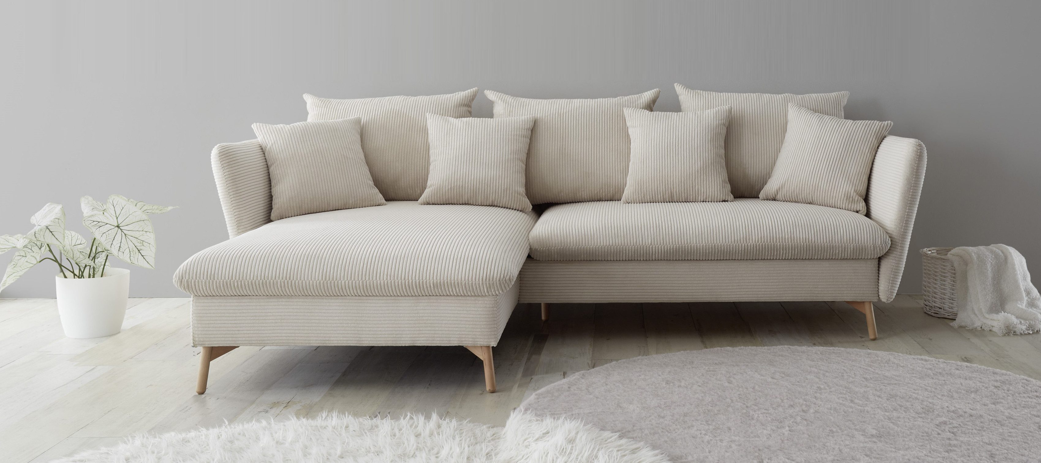 andas Ecksofa MERLE, 258 cm, L-Form, traumhafter Cord, mit Bettfunktion und Bettkasten, Liegefläche 224 x 139
