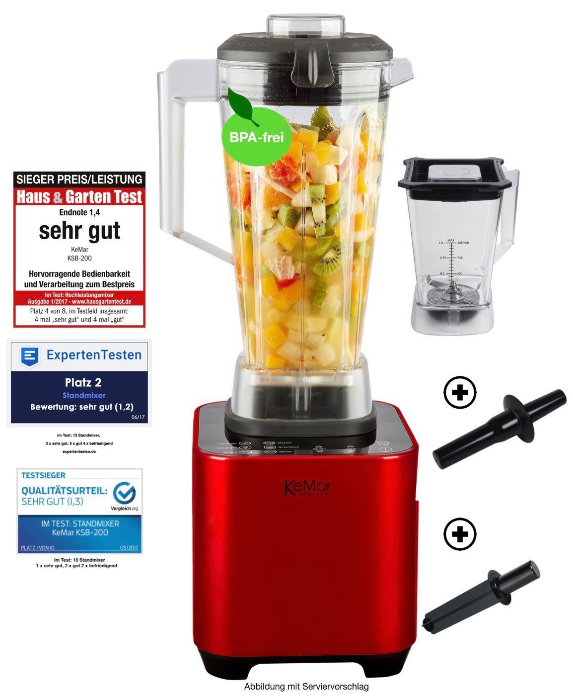 KeMar Kitchenware Standmixer KSB-200, 1500,00 W, 2 Behälter, Touchdisplay, Hochleistungsmixer, Smoothiemaker