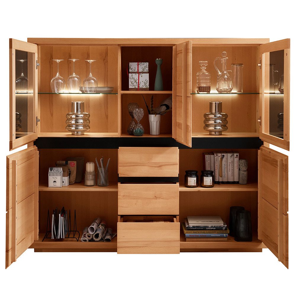 Lomadox Highboard WINCHESTER-69, Standvitrine Schrank 103 cm Buche massiv geölt Hirnholz-Detail