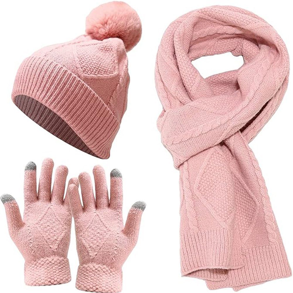 SOTOR Strickhandschuhe Schal Mütze Handschuhe Set,Warme Winterset Schnee Hut Strickschal 3-In-1 Winter-Set Rosa