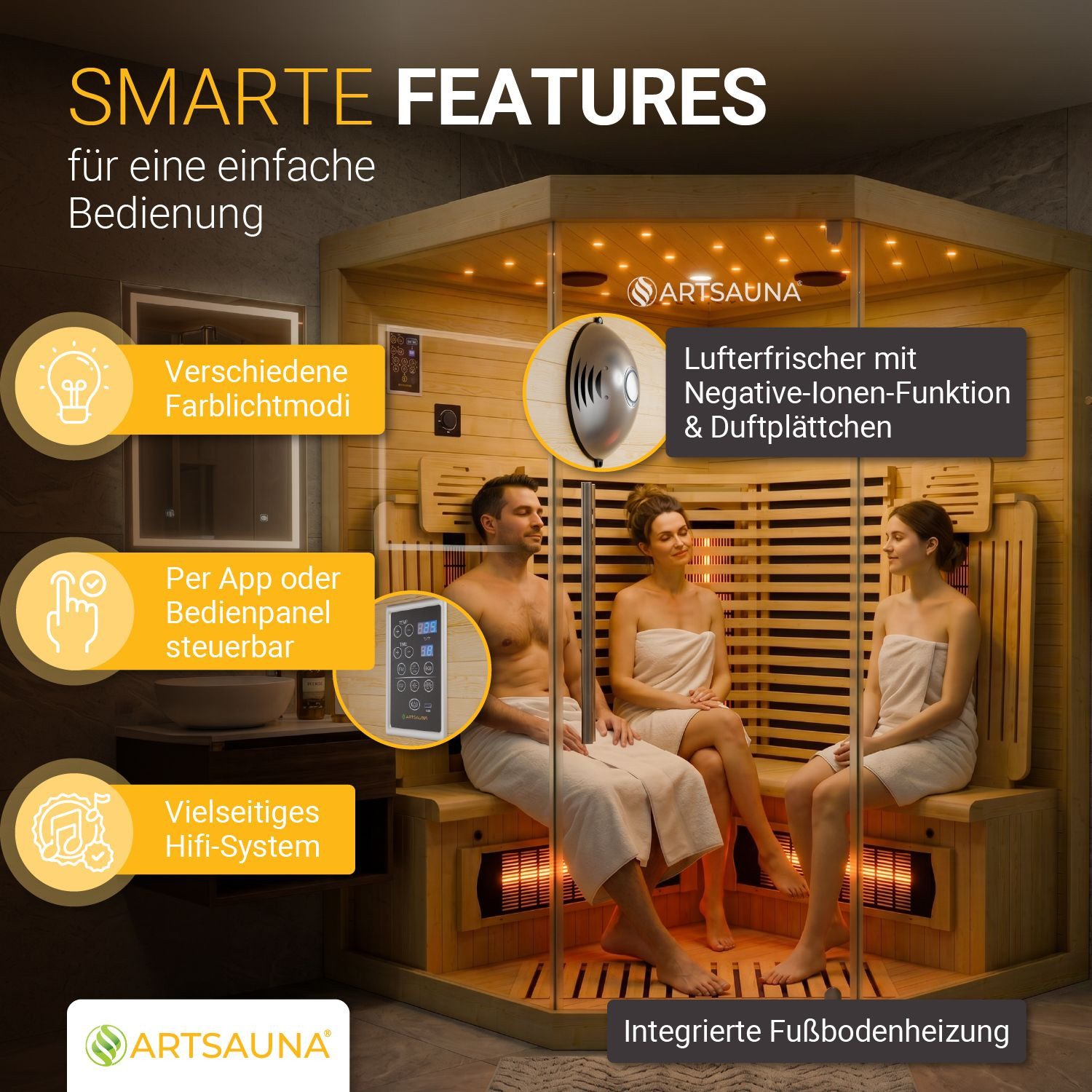 Artsauna Infrarotkabine Malmö140, BxTxH: 140 x 140 x 190 cm, Dual-Technik, Dimmbare Rückenstrahler, 3 Personen, LED-Beleuchtung