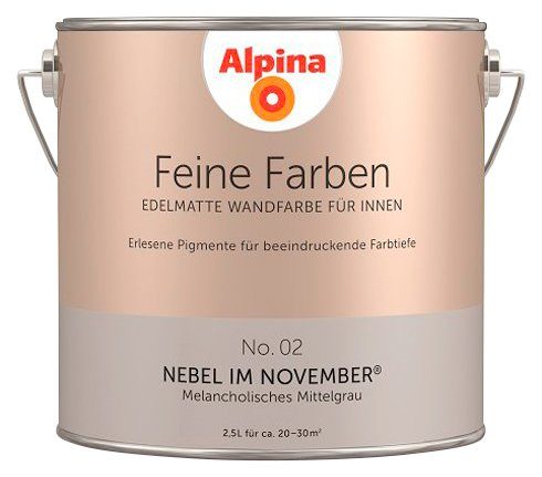 Alpina Wand- und Deckenfarbe Feine Farben No. 02 Nebel im November®, Melancholisches Mittelgrau, edelmatt, 2,5 Liter Nebel im November No. 02
