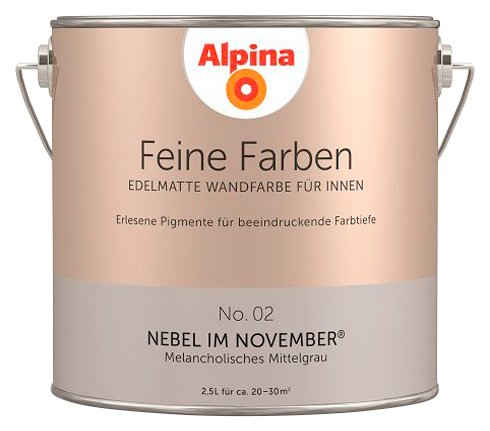 Alpina Wand- und Deckenfarbe Feine Farben No. 02 Nebel im November®, Melancholisches Mittelgrau, edelmatt, 2,5 Liter
