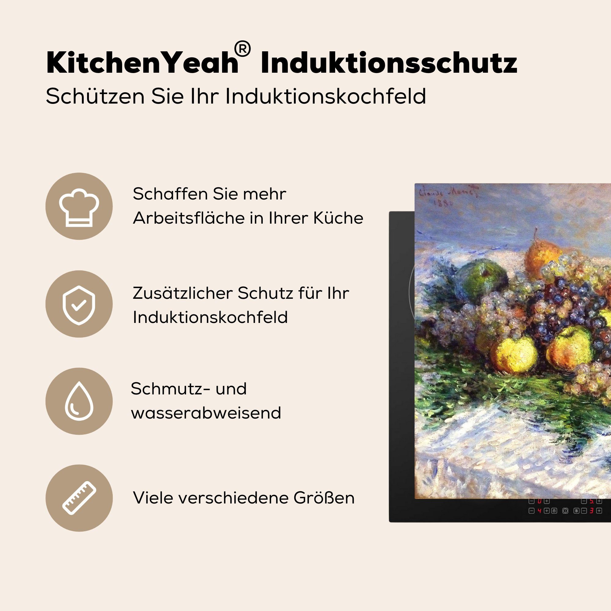 MuchoWow Herdblende-/Abdeckplatte Stilleben mit 78x78 tlg), Vinyl, und (1 für Arbeitsplatte Weintrauben küche - Ceranfeldabdeckung, Birnen Monet, Claude cm