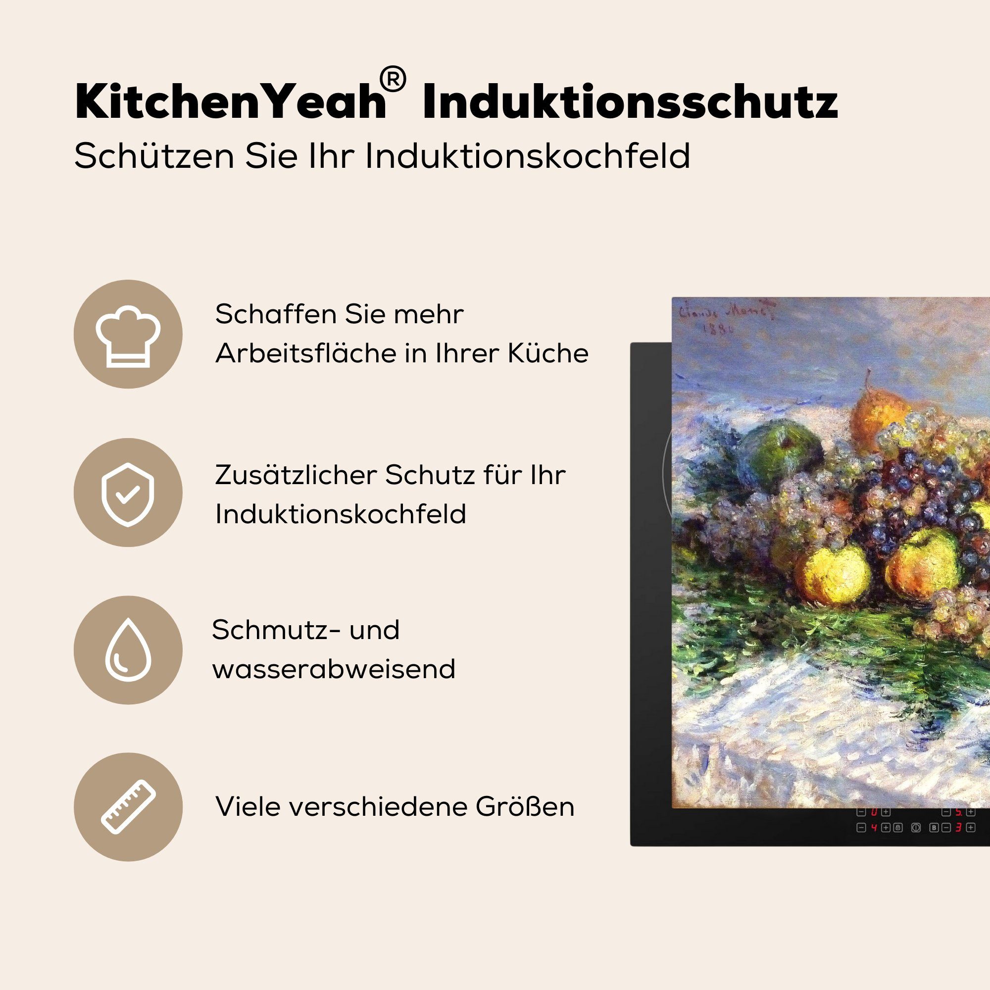 Arbeitsplatte Herdblende-/Abdeckplatte für - Ceranfeldabdeckung, MuchoWow Stilleben cm, Birnen Weintrauben 78x78 (1 mit und Monet, tlg), küche Claude Vinyl,