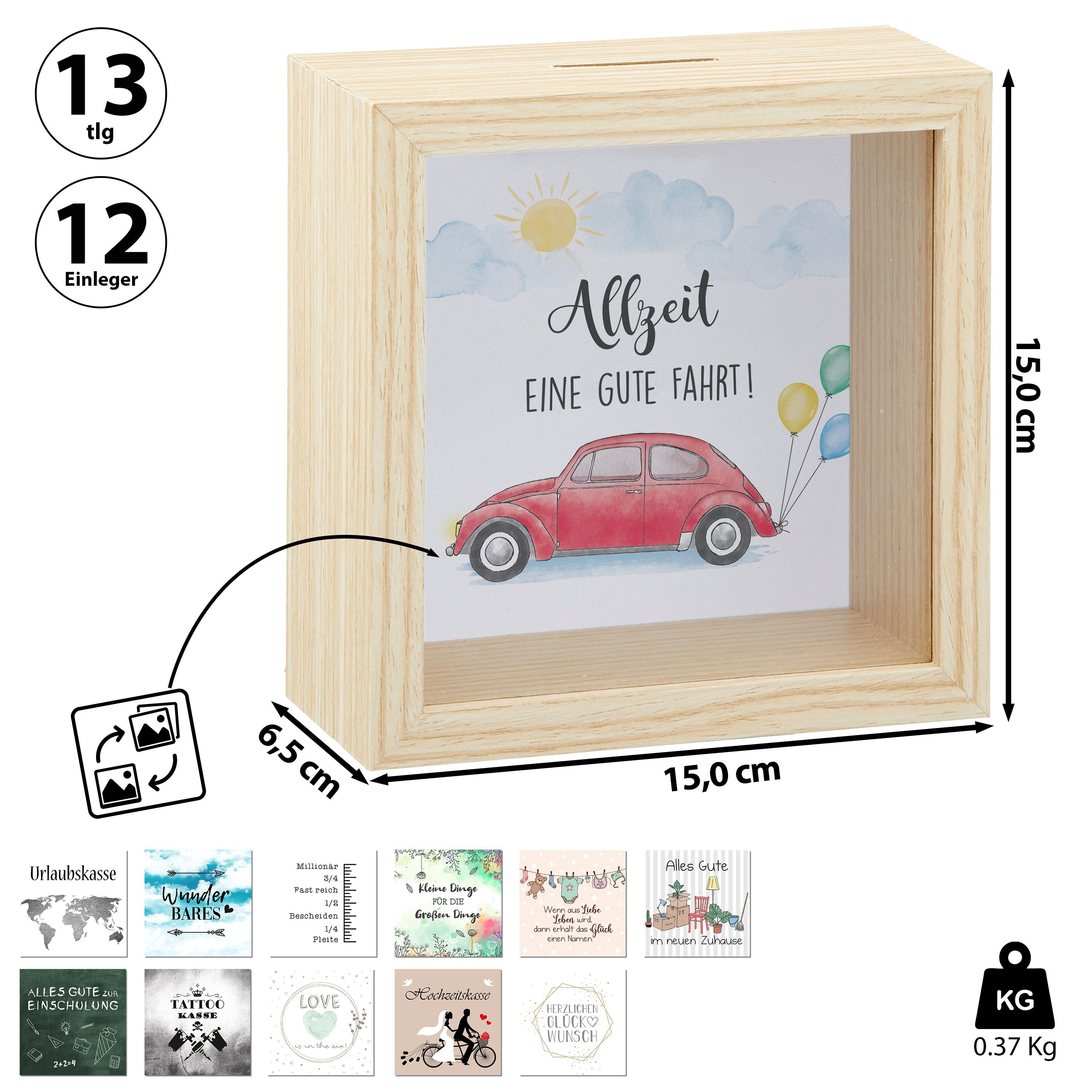 CEPEWA Spardose Spardose 12 Einleger-Motive 14,5x14,5x6,5cm MDF Glas naturf günstig online kaufen