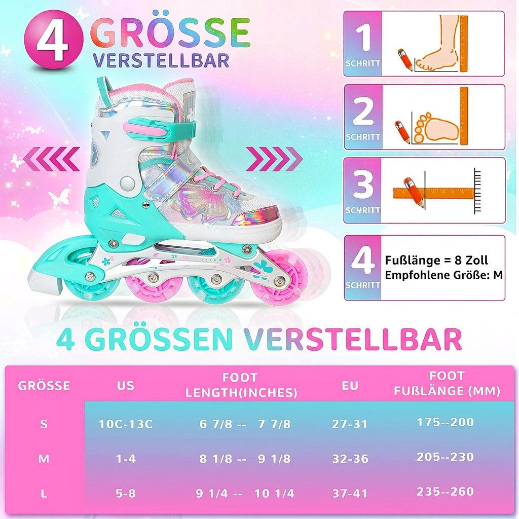Nattork Inlineskates Kinder Inliner für Mädchen, 4 Größen verstellbar, Schmetterling Inline Rollschuhe (Größe M: 32-36 EU / 205-230 mm)
