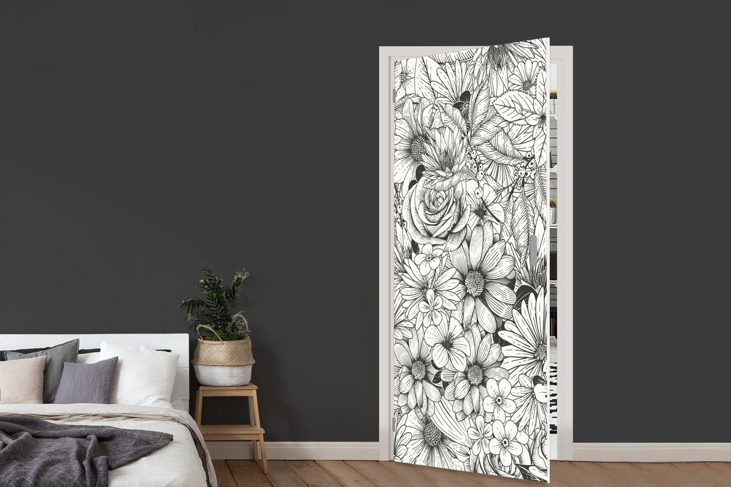 Illustration, (1 florale 75x205 Matt, cm Türaufkleber, St), schwarz-weiße Fototapete Tür, bedruckt, für Eine Türtapete MuchoWow