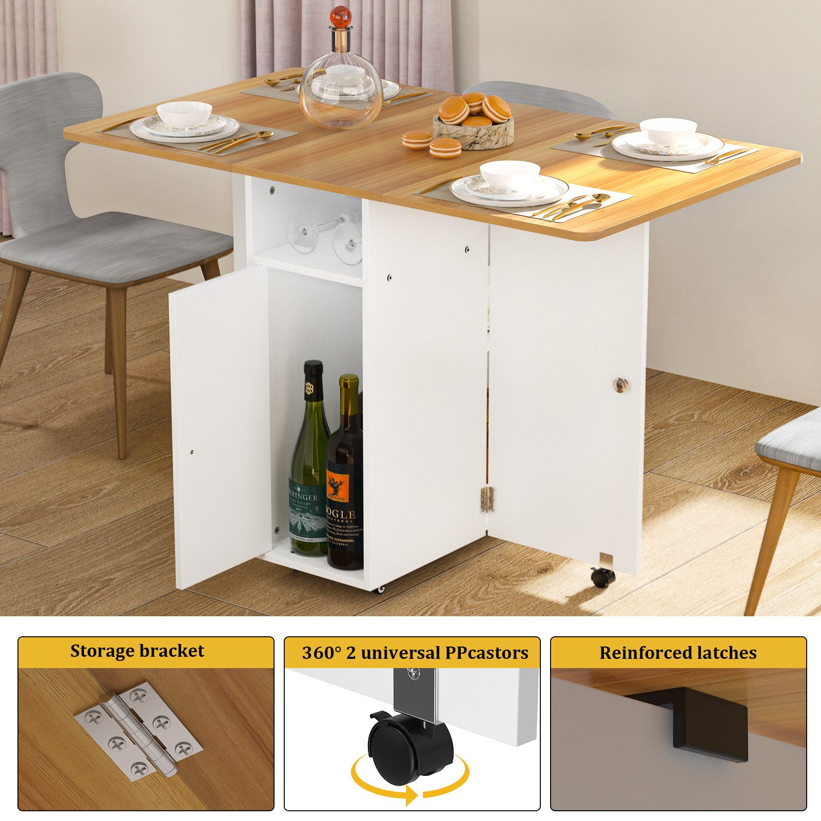 JEOBEST Klapptisch Mobiler Klapptisch, Klappbarer Esstisch mit Offenen Ablagen, Küchentisch Ausziehbar für Kleine Räume 120 x 70 x 78cm