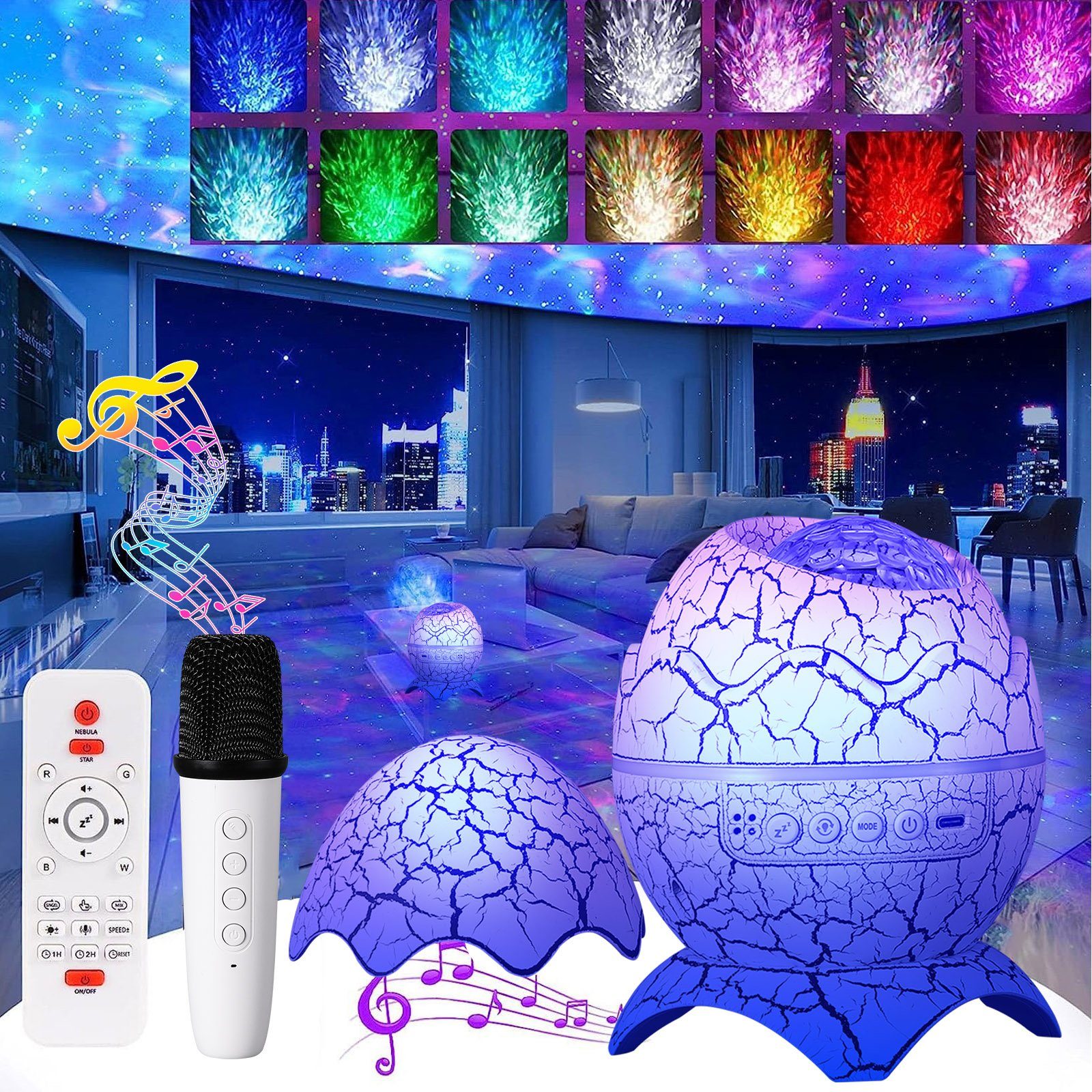 Lapalife LED-Sternenhimmel Nachttischlampe Projektor, 16 Farben Nachtlichter, Timer, Fernbedienun, LED fest integriert, Bluetooth-Lautsprecher mit Mikrofonen, fürs Spielzimmer Raumdekoration