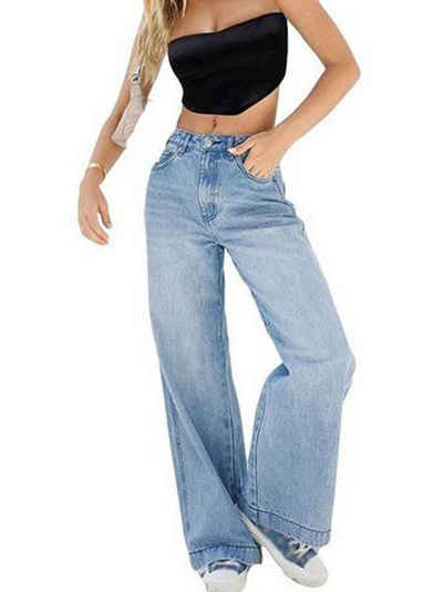 ZWY Gerade Jeans Straight-Jeans Damen Hoher Taille Jeanshosen, Blau (1-tlg) Wide Leg Schlaghose Baggy Cargo Pants(1-tlg)