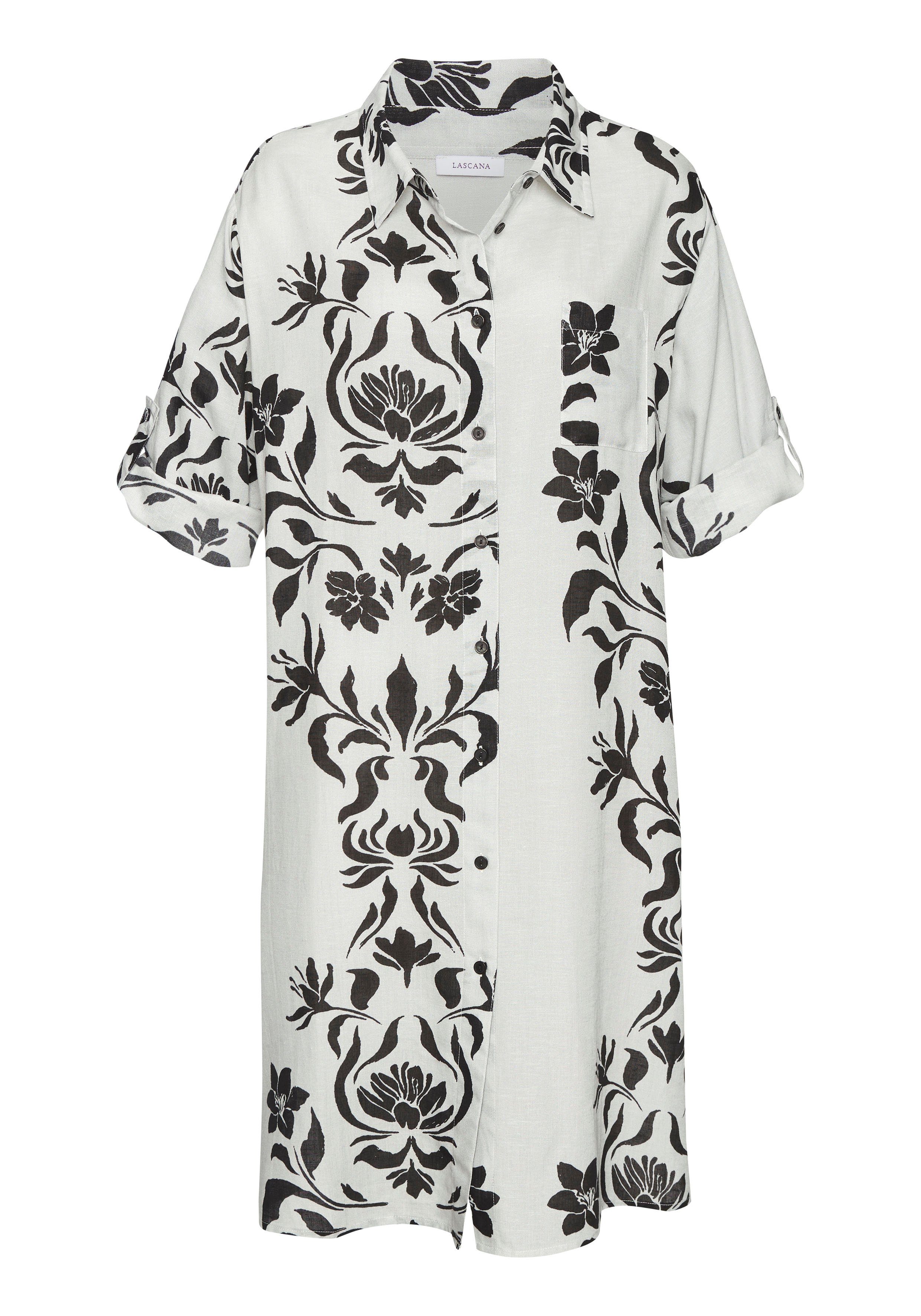 LASCANA Longbluse aus leichter Webware mit Leinenanteil und Alloverdruck kurzes Strandkleid, luftiges Blusenkleid, lockeres Tunikakleid, Sommer – Bild 2 von 5
