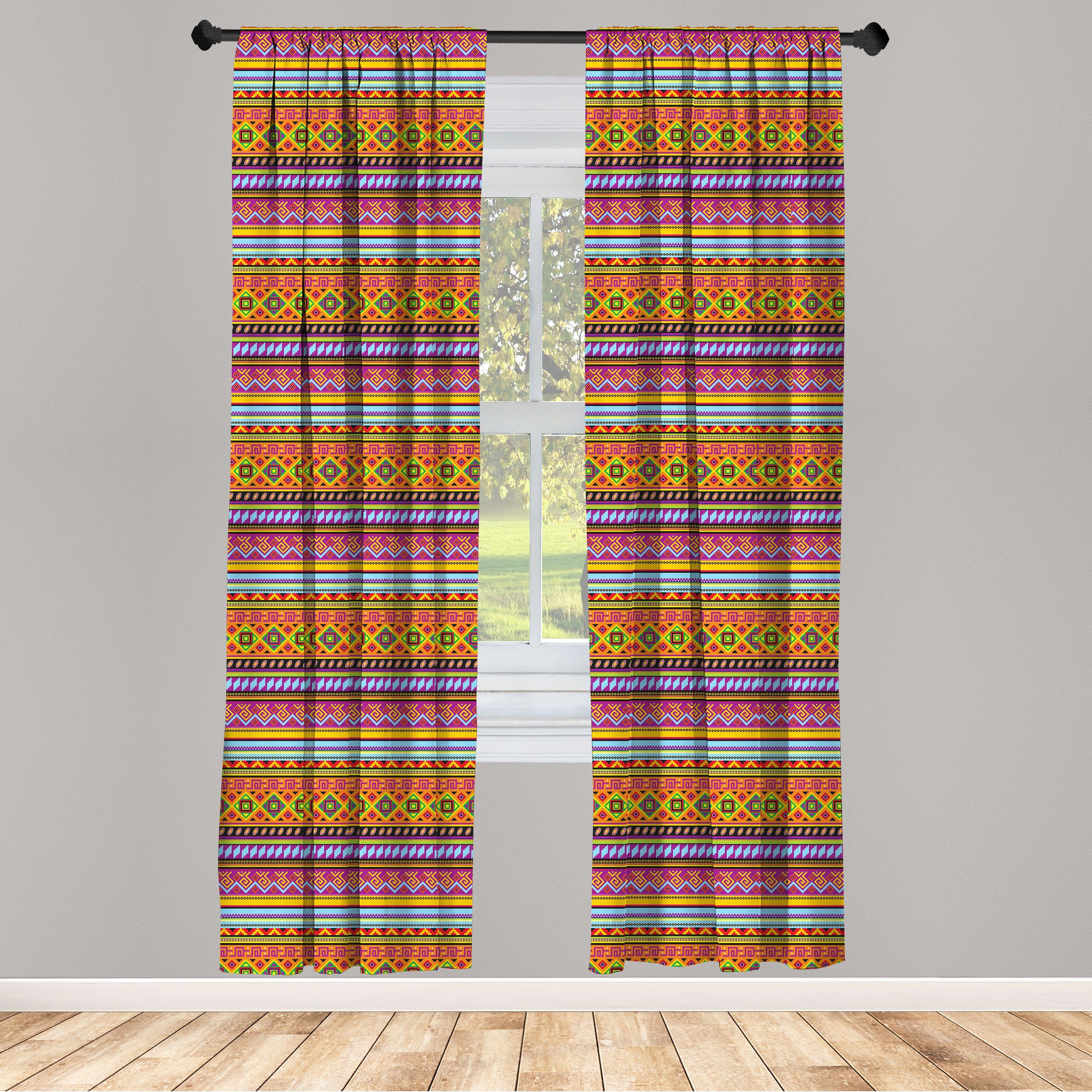 Gardine Vorhang für Wohnzimmer Schlafzimmer Dekor, Abakuhaus, Microfaser, Mexikaner Folk Vintage-Geometric
