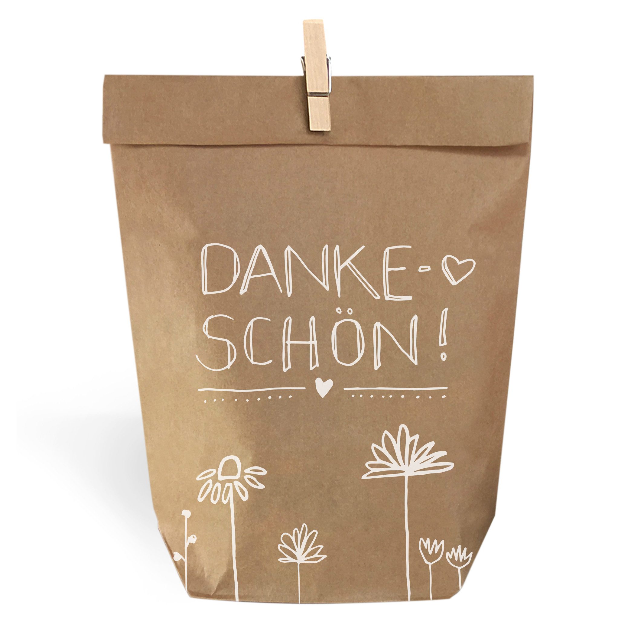 Eine der Guten Verlag Geschenkpapier Geschenktüten Set - Dankeschön, (24St), 24 bedruckte Kraftpapiertüten 14x22 cm & Holzklämmerchen, beige weiß