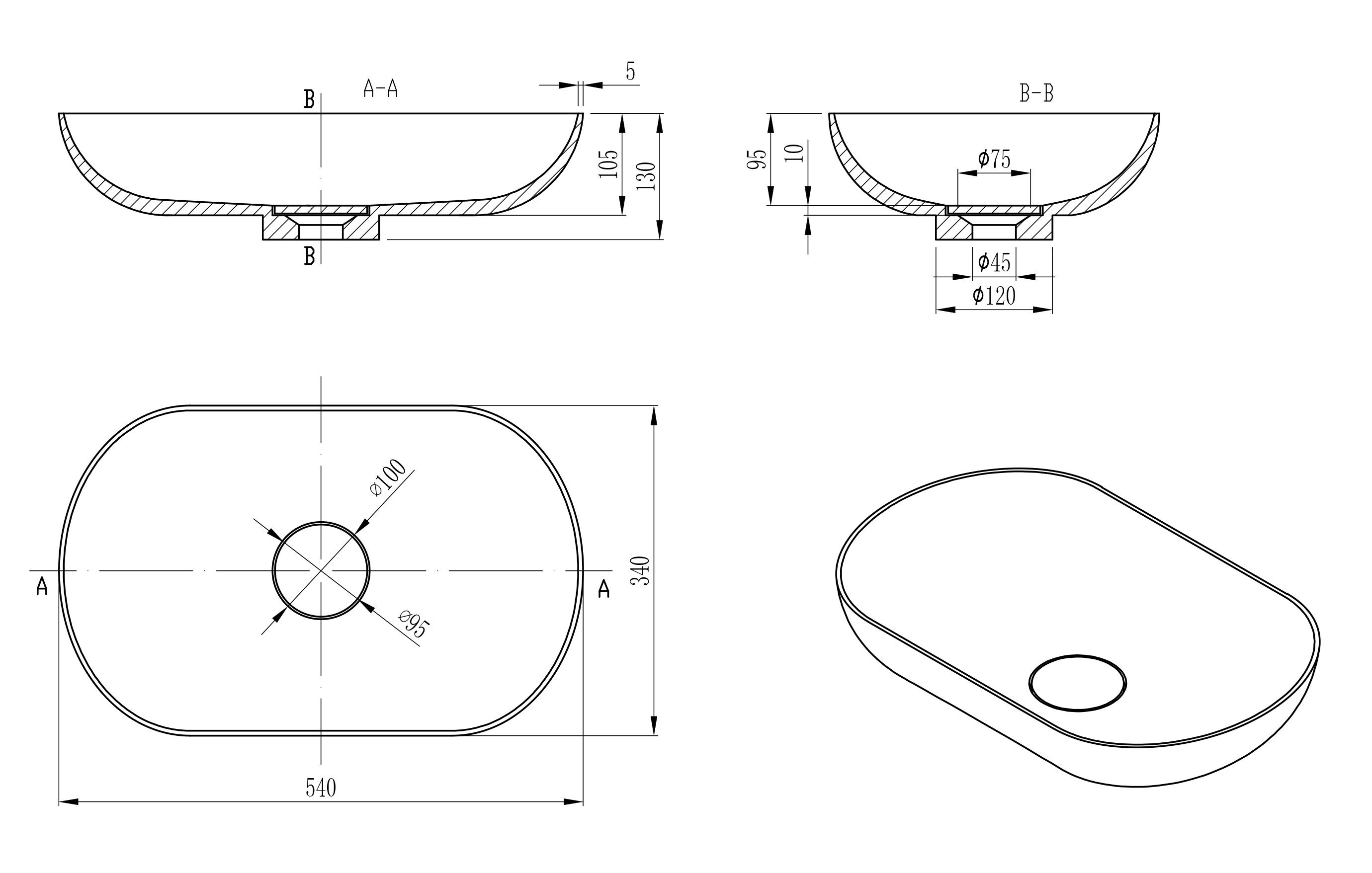 Bernstein Waschbecken O-541, Aufsatzwaschbecken aus Mineralguss - 54 x 34 x 13 cm - Farbe wählbar