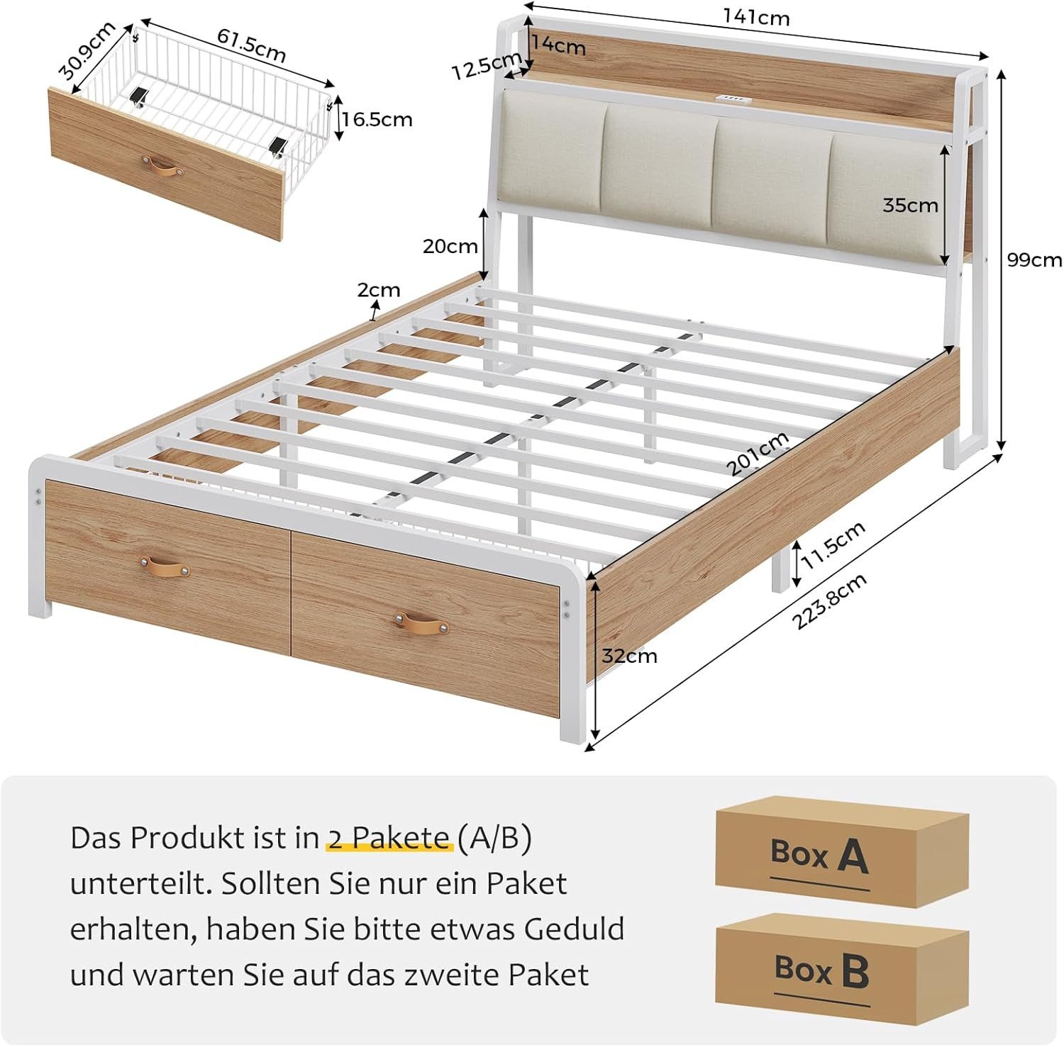 KIMENICH Metallbett Bettgestell mit Ladestation und 2 Schubladen, Jugendbet günstig online kaufen