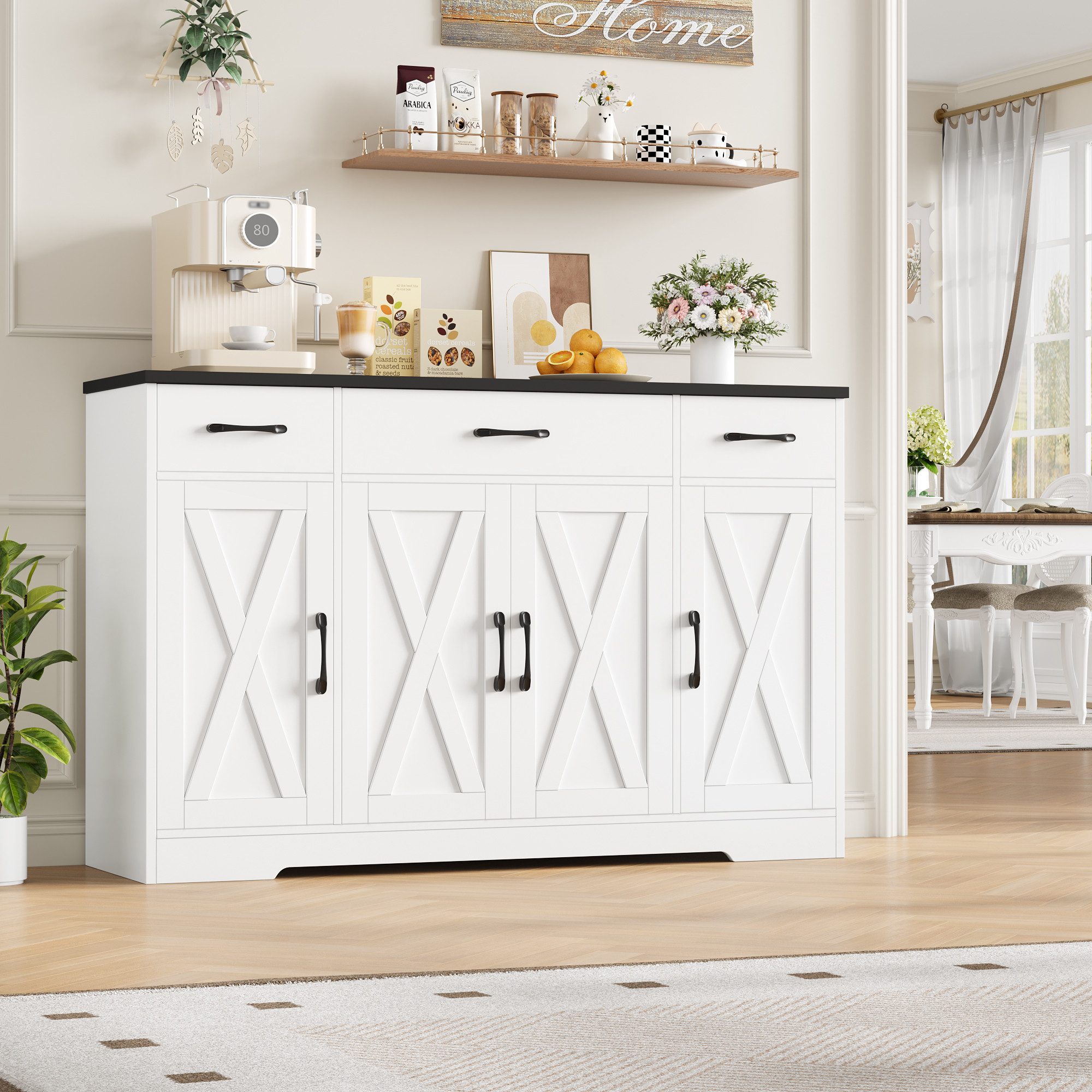 HOMECHO Sideboard, 140cm Breite Küchenschrank 3 Schubladen 4 Türen, Verstellbaren Regalen