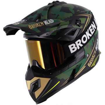 Broken Head Motocrosshelm Squadron Rebelution Grün-Gold (Mit MX-Struggler Gold), Mit 2 Verschlüssen