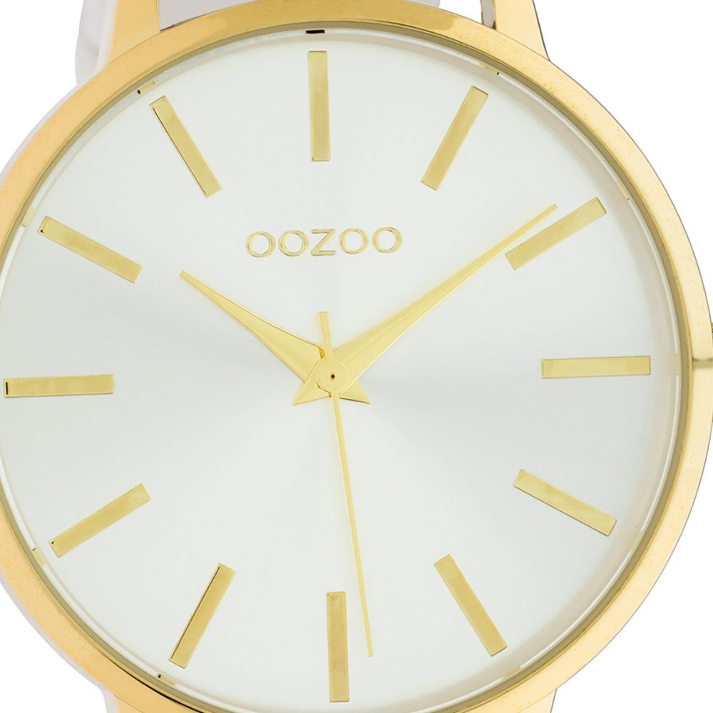 OOZOO Quarzuhr Oozoo Lederarmband, weiß groß rund, 42mm) Damenuhr Fashion-Style Damen (ca. C10611, Analog Armbanduhr