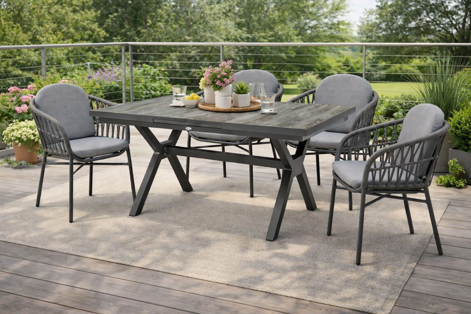 Destiny Garten-Essgruppe COMO GARDA 4 Se + Auszietisch 160/210x100cm, grau/ anthrazit, (Set, 4 Stapelsessel inkl. Polster, 1 Tisch mit Synchronauszug), Aluminium, Rope, Keramikplatten