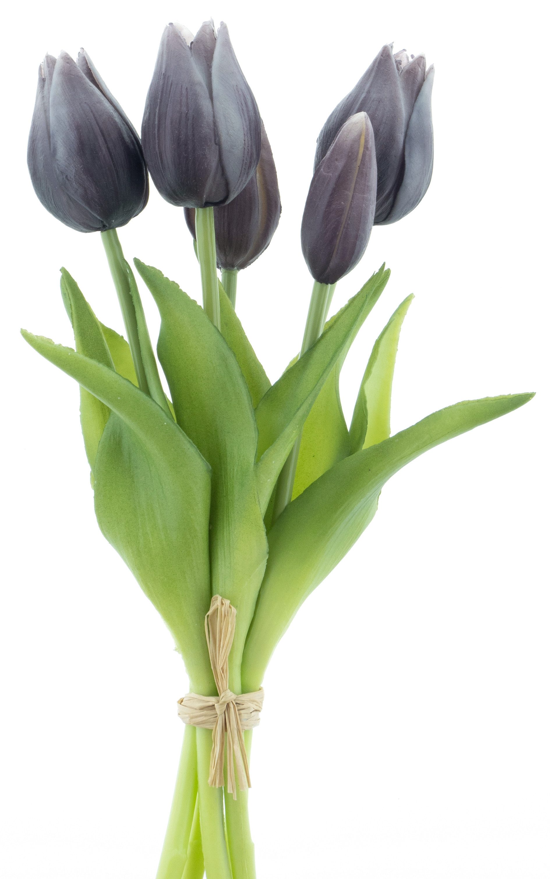 Kunstblumenstrauß Tulpenbund 26cm Tulpen mit 3 Tulpen und 2 Tulpenknospen real Touch, mucPlants