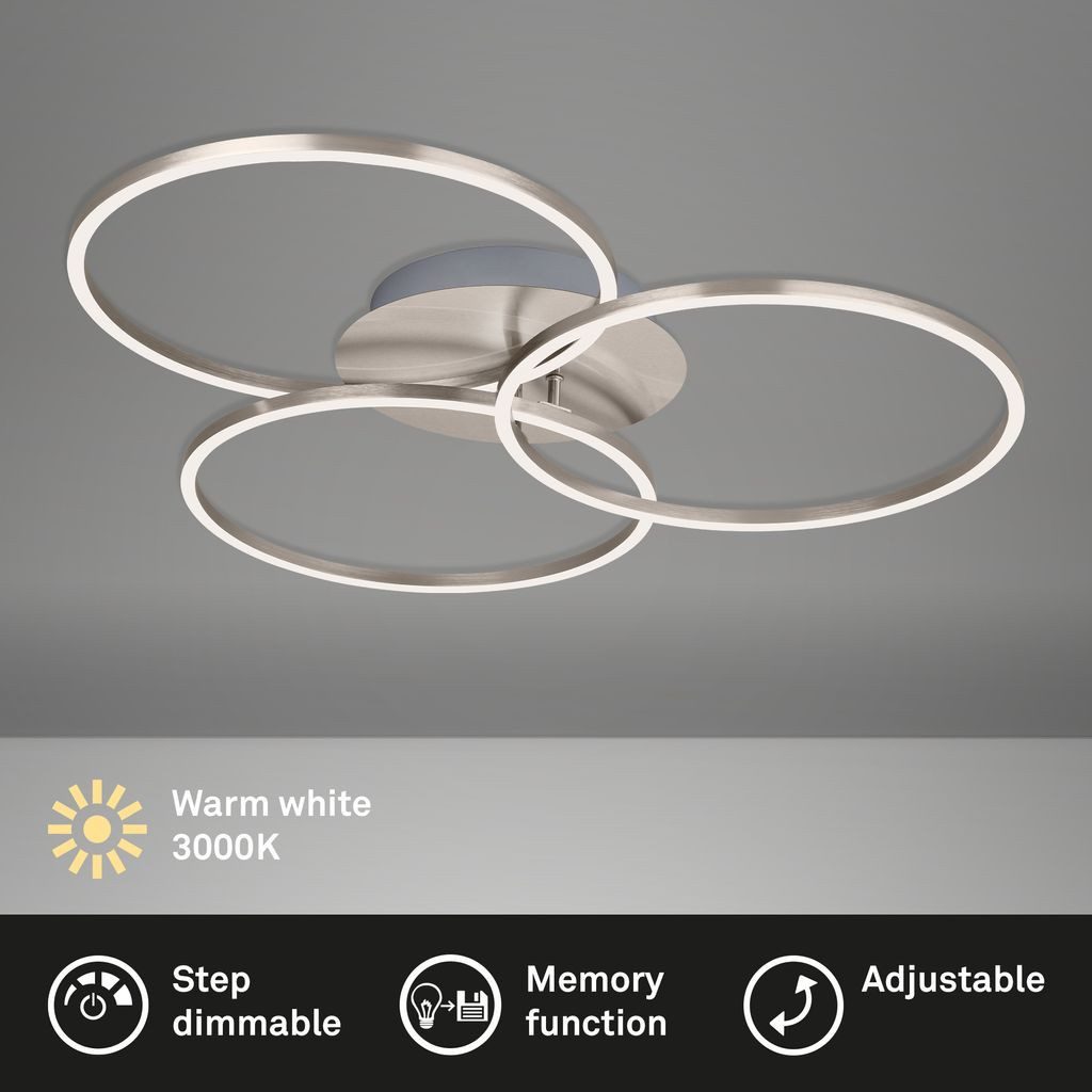 Briloner Leuchten LED Deckenleuchte 3090-012, Dimmfunktion, LED fest integriert, 2700K - Extra-Warmweiß, Deckenlampe, 71,7x67,4x10,3cm, Matt-Nickel, 40W, Wohnzimmer, Flur