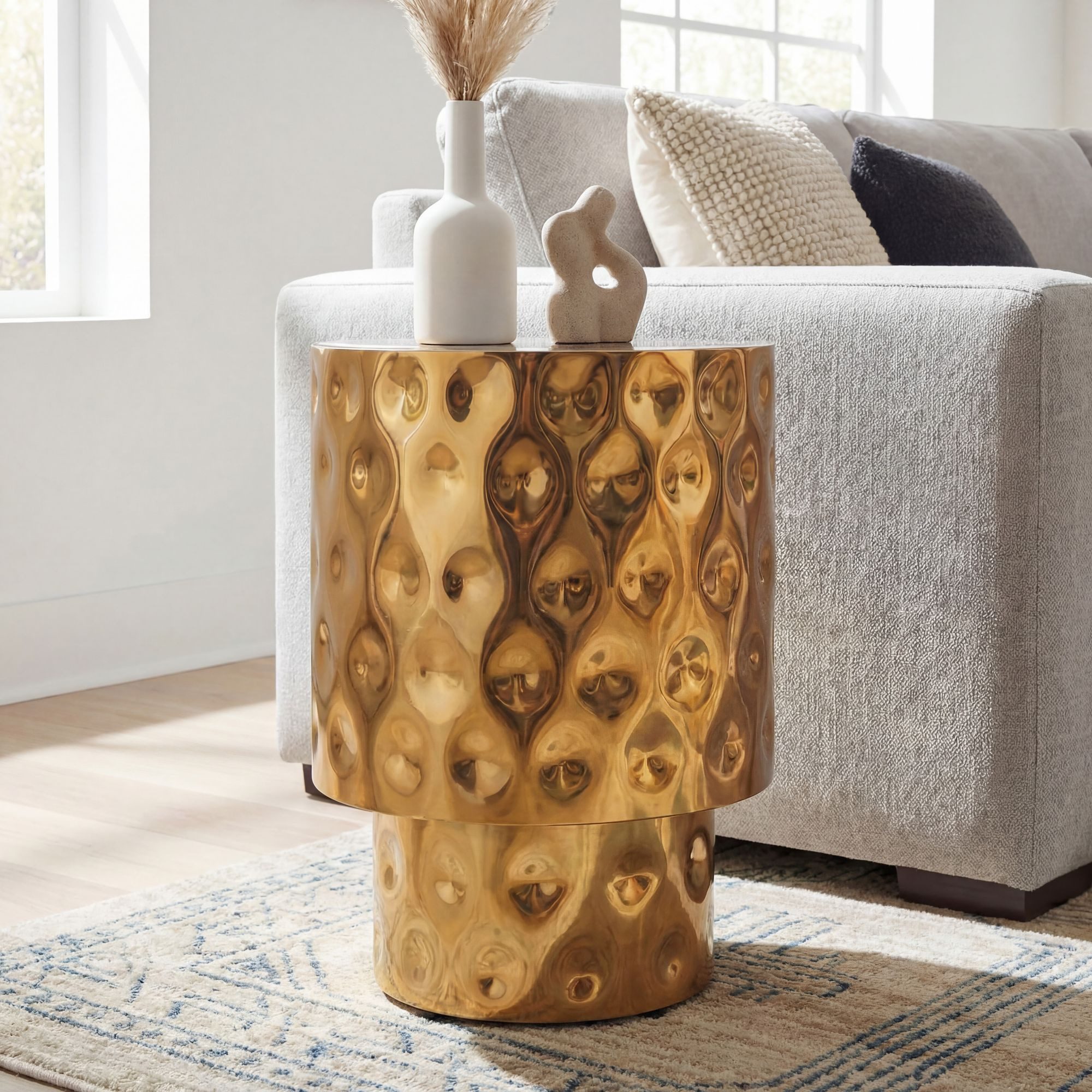 FINEBUY Beistelltisch FB77625 36cm Gold Sofatisch Wohnzimmertisch Couchtisch Hammerschlag (Extravaganter Tisch mit toller Struktur), Komplett aus robustem Aluminium gefertigt
