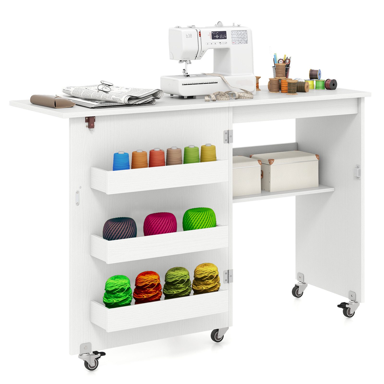 COSTWAY Schreibtisch, Nähtisch klappbar, Nähschrank mit Rollen, Holz günstig online kaufen