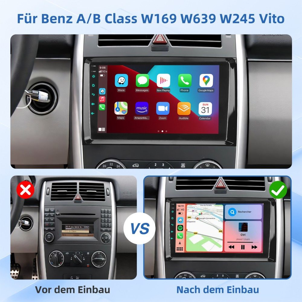 ESSGOO Android 15 Für Mercedes-Benz A/B Klasse/Vito W169 W639 W245 W906 Navigationsgerät (2 DIN Carplay Bluetooth Navigationsgeräte Rückfahrkamera(optional) – Bild 5 von 5