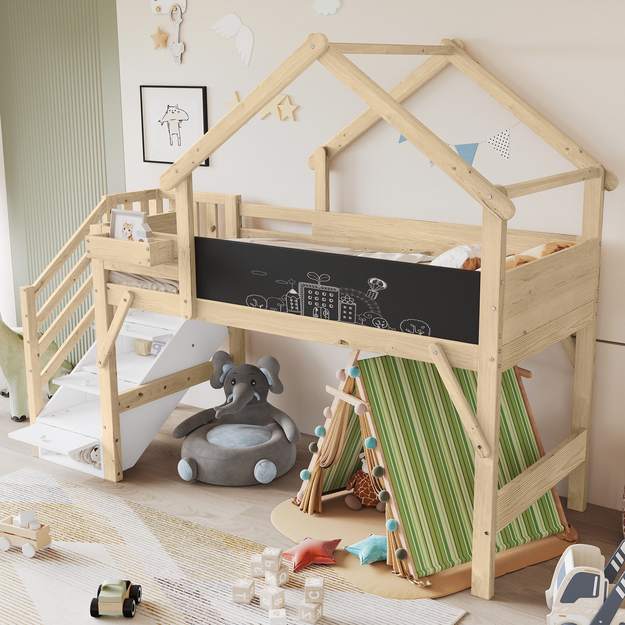 Flieks Etagenbett, Hochbett Kinderbett Hausbett 90x200cm mit Stauraumtreppe & Kreidetafel