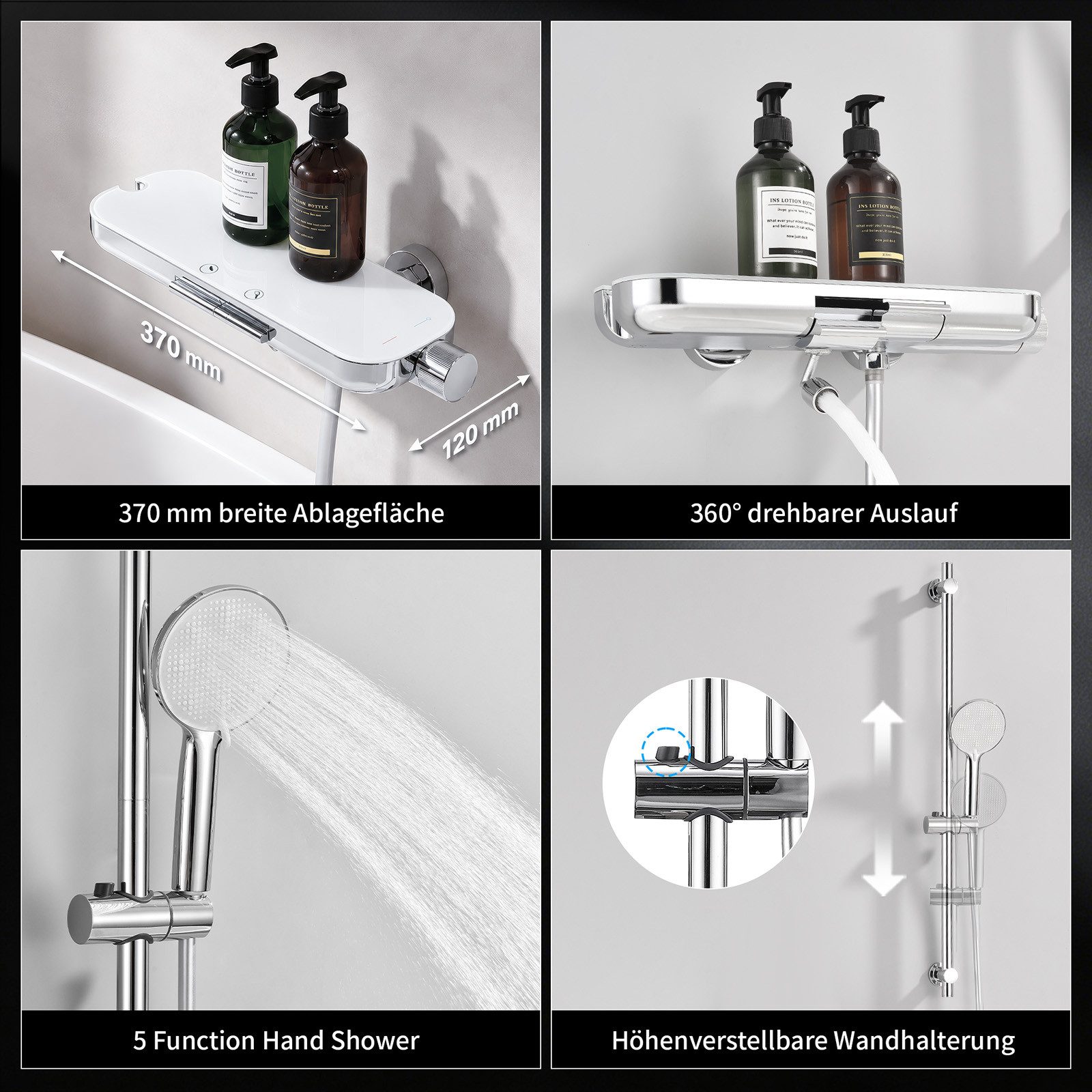 HOMELODY Brausegarnitur Badewannenarmatur Duschset mit Ablage, 5F Handbrause, höhenverstellbar, 3 Strahlart(en), 900 mm Höhenverstellbare Duschstange mit schwen – Bild 2 von 5