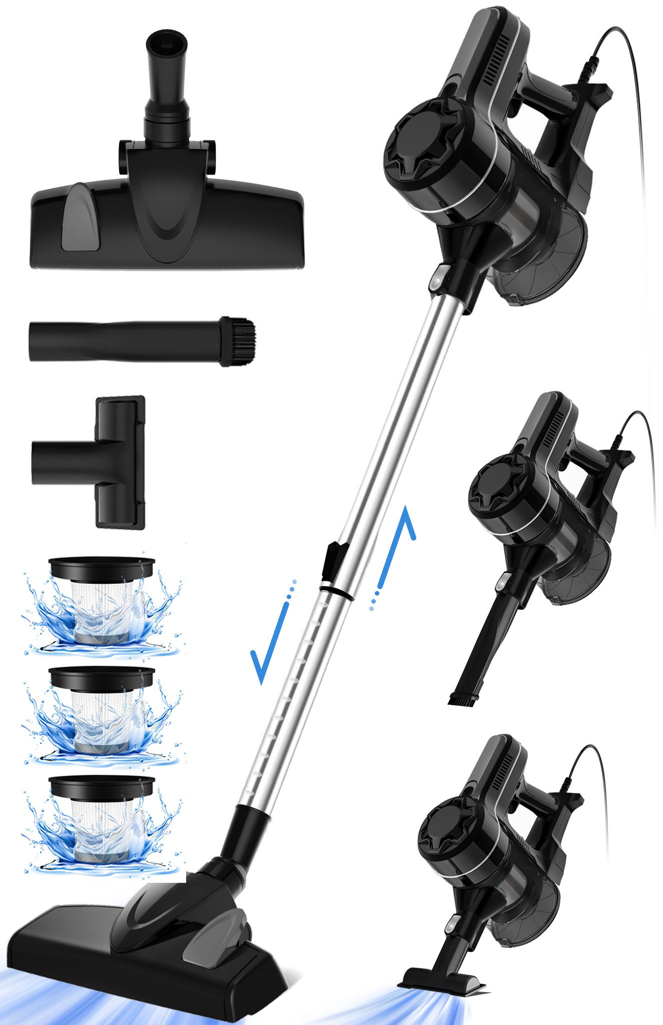 Homimaster Stielstaubsauger Staubsauger, Stielstaubsauger mit Kabel, 25KPa stark Saugkraft, 450 W, 5 m Kabel, 6-in-1 Handstaubsauger, leistungsstarker Staubsauger für Zuhause