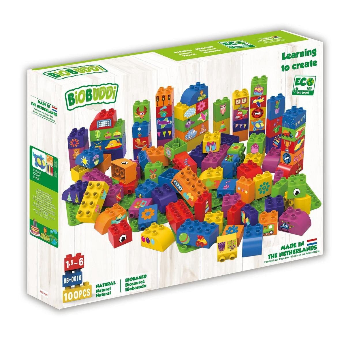 Biobuddi Spiel BiOBUDDi Bausteine Set 100 teilig mit 3 Grundplatten farbig, Blöcke Spielzeugsteine Grundbausteine Bausteinen