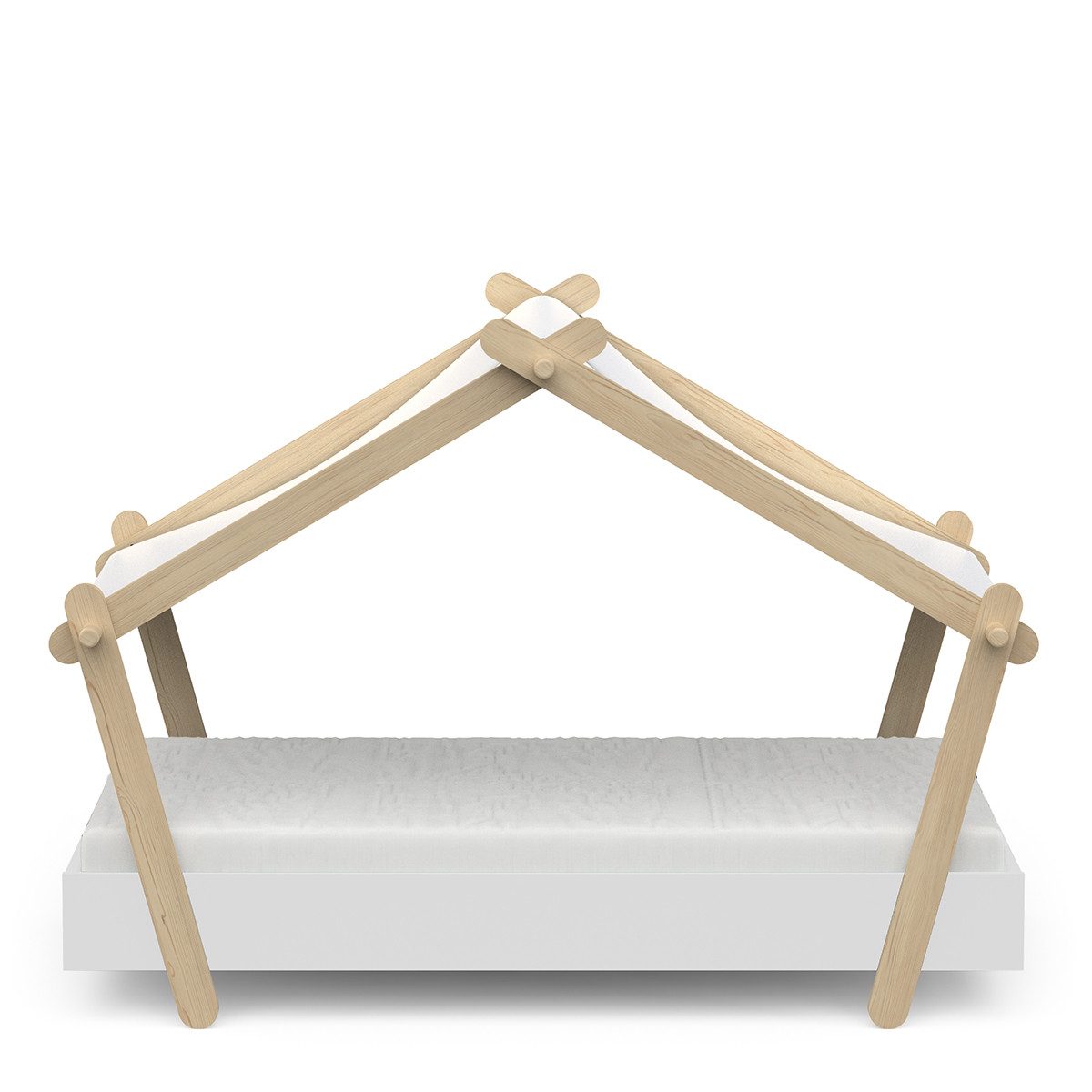 habeig Kinderbett Mini-Lodge Bett mit Dach, 143,6 x 106,5 x 85 cm, Weiß/Naturholz, ohne Matratze und Bettzeug