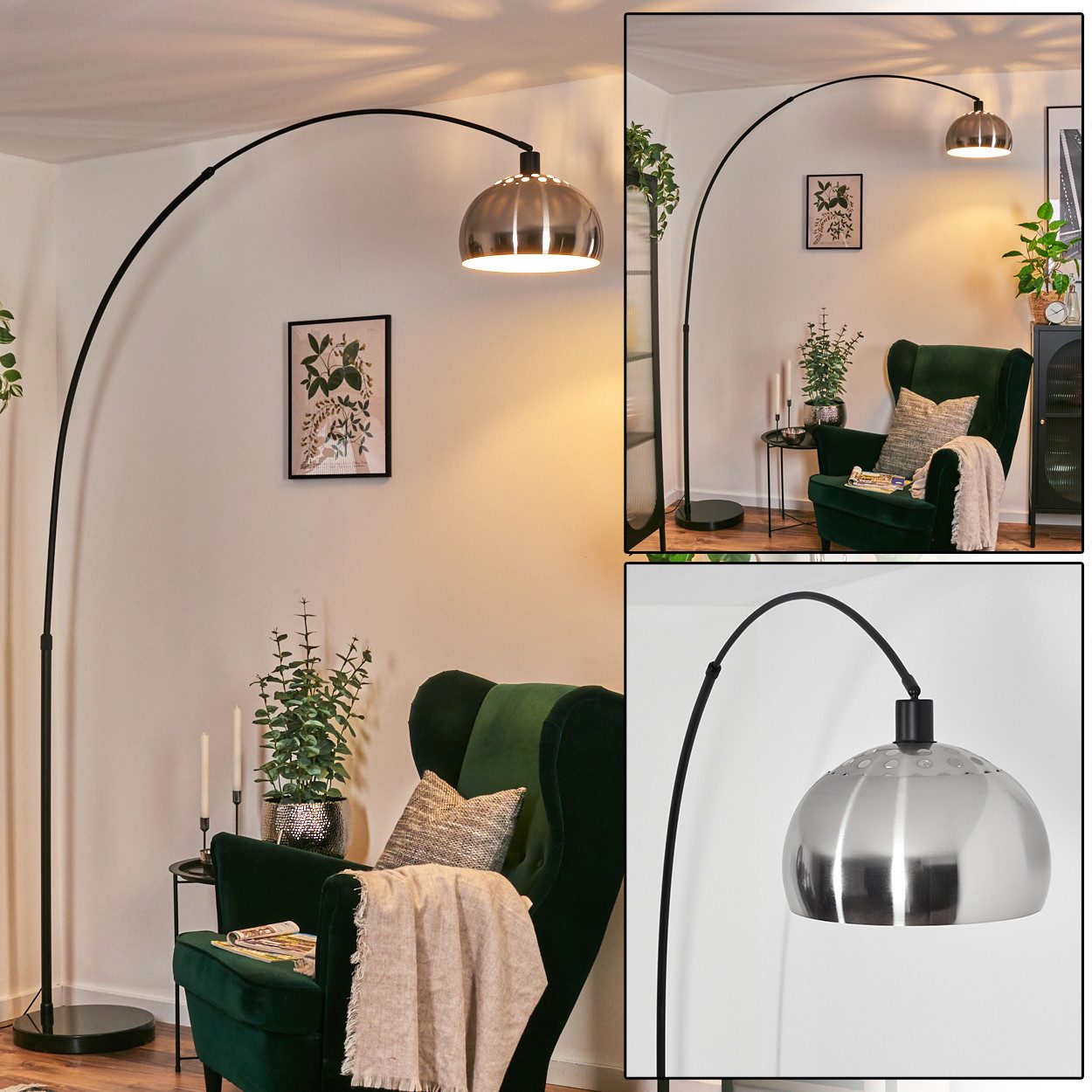 Bogenlampe Stehlampe Metall in Schwarz/Nickel-matt/Weiß im Retro/Vintage-Design