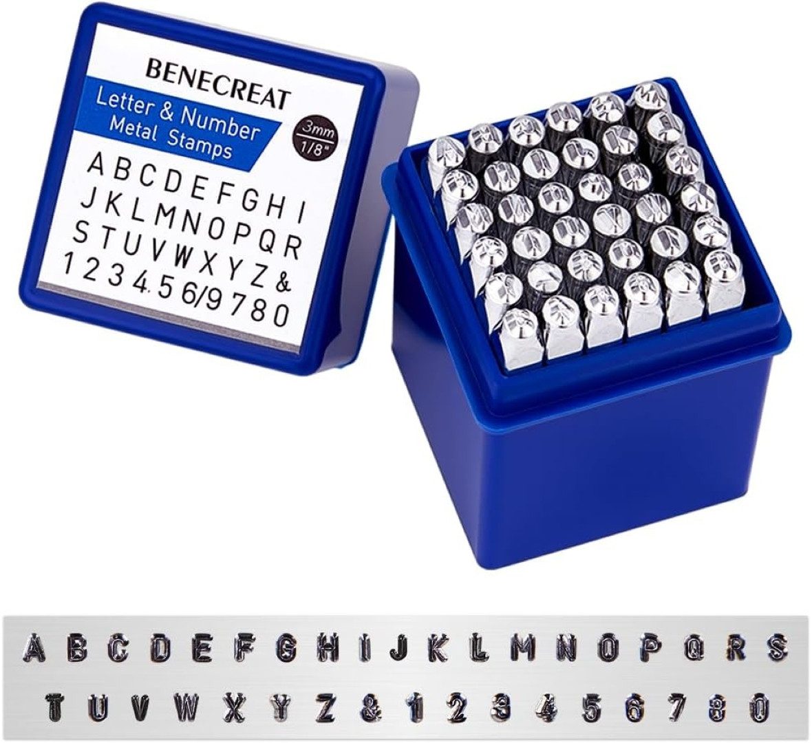 Benecreat Stempel 36-teiliges Metallstempel-Set Alphabet Zahlen 3 mm Metall Leder Holz, 36-teiliges Metallstempel-Set mit 3 mm Abdruckhöhe und Box
