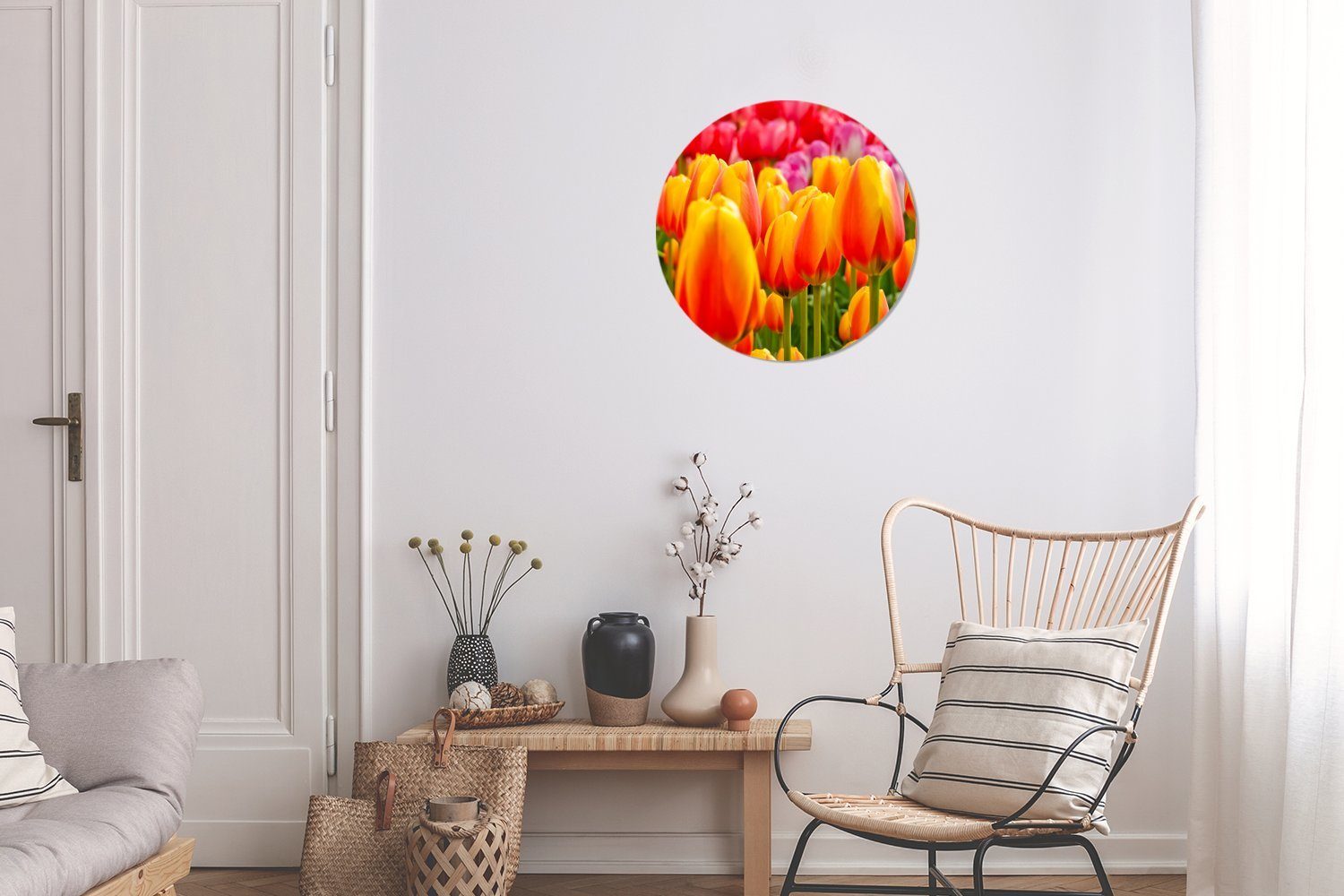 MuchoWow Gemälde Orangene Tulpen auf 30x30 den cm Kreis Rundes Wanddekoration in Forex, (1 Niederlanden, St), Wandbild, Wohnzimmer, Keukenhof dem