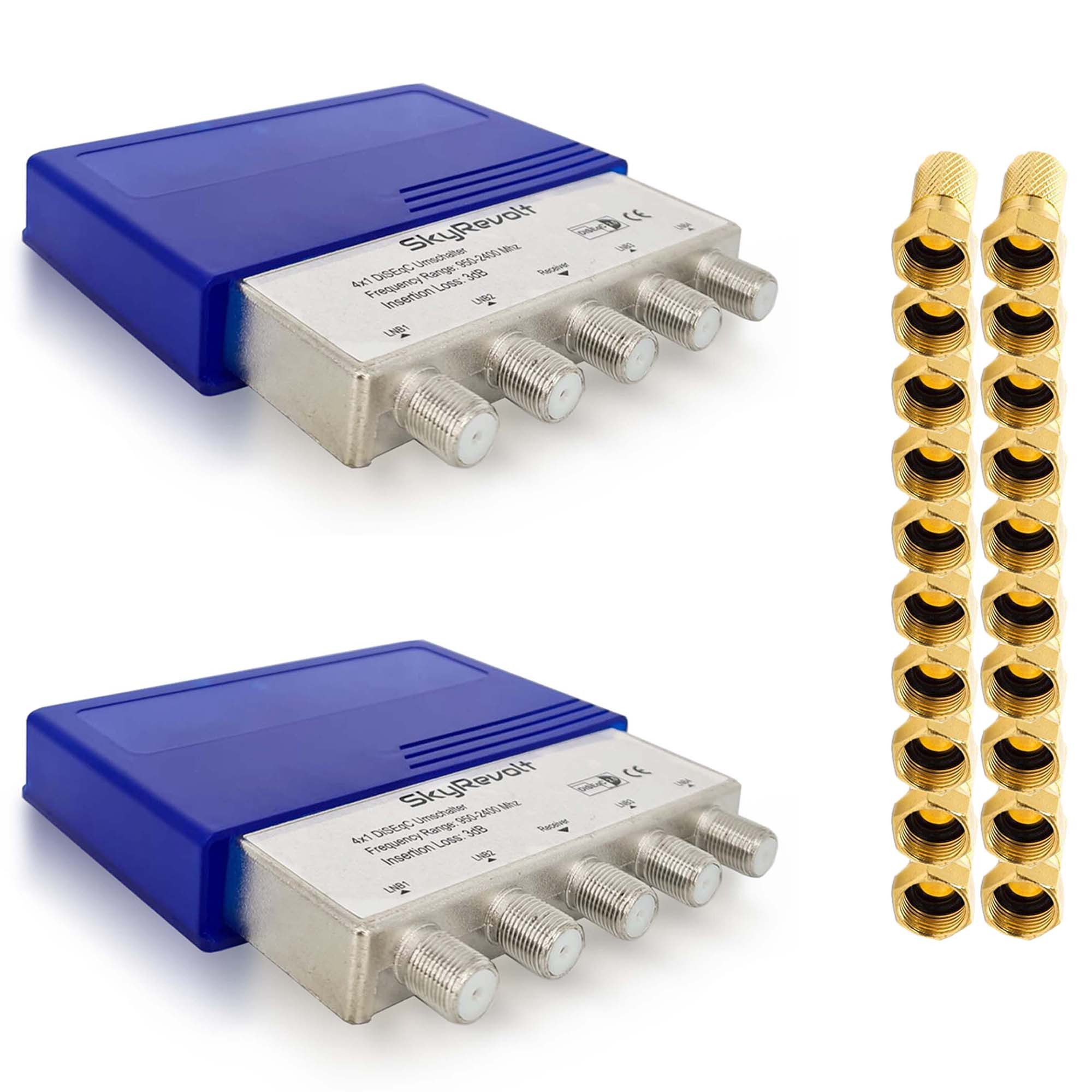 SkyRevolt Дистрибьютор сат 2x DiSEqC Schalter 4/1 SAT Umschalter Wetterschutz 20x F-Stecker
