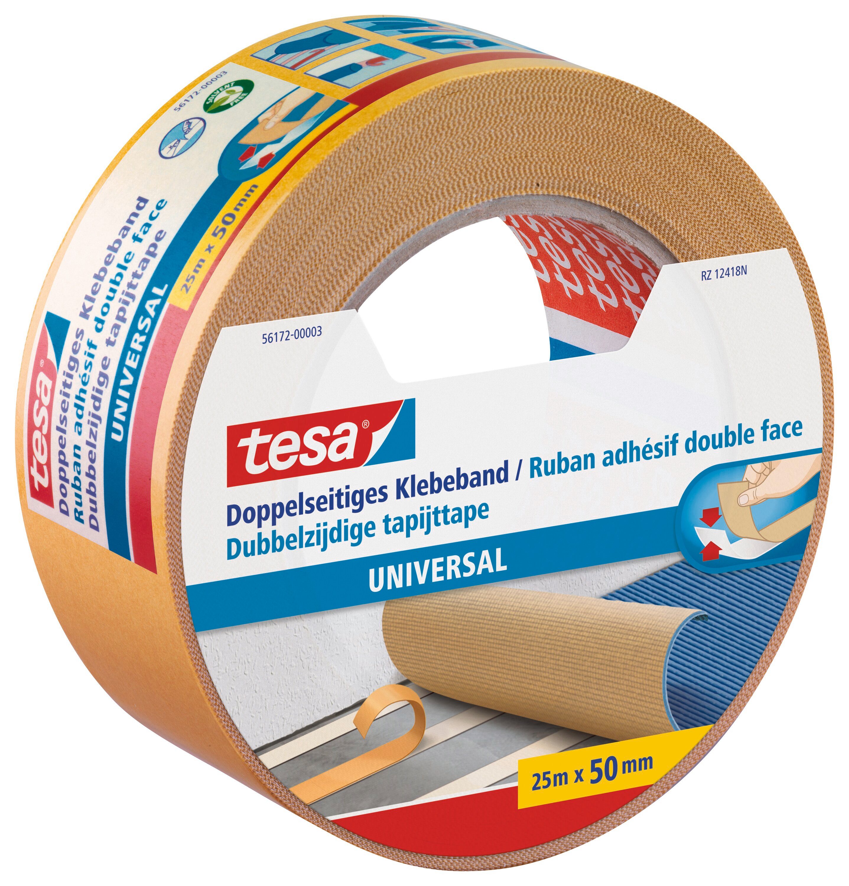 tesa Doppelklebeband UNIVERSAL Doppelseitiges Klebeband (Packung, 1-St) Gewebeklebeband / Verlegeband für Teppiche & Basteln - 25 m : 50 mm