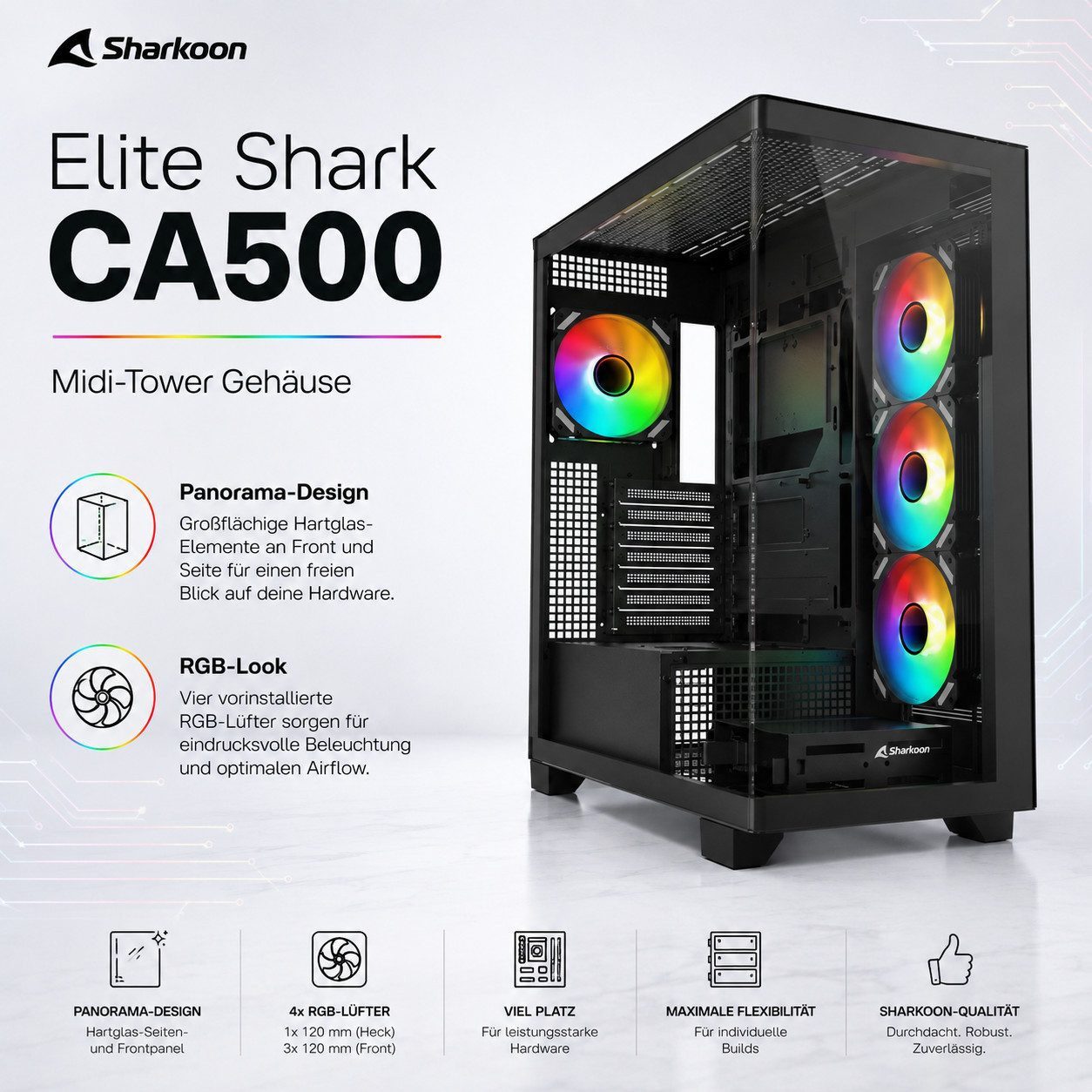 Sharkoon PC-Gehäuse ELITE SHARK CA500 ATX Gaming PC Gehäuse Midi Computer Tower, Gaming Gehäuse Computergehäuse Micro PC Computer Gaming Tower